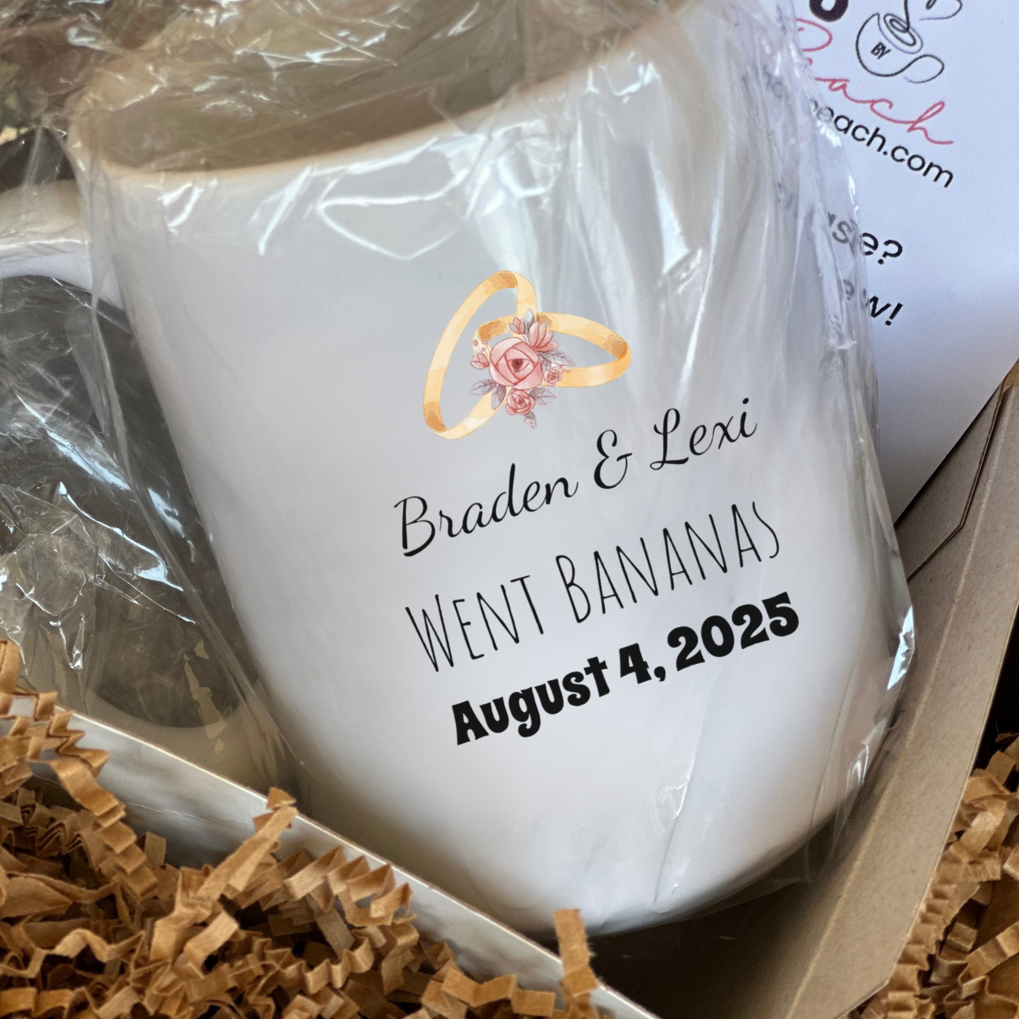 White mug with personalized text in a box. All products from Sips by That Peach arrive packaged ready for gifting.