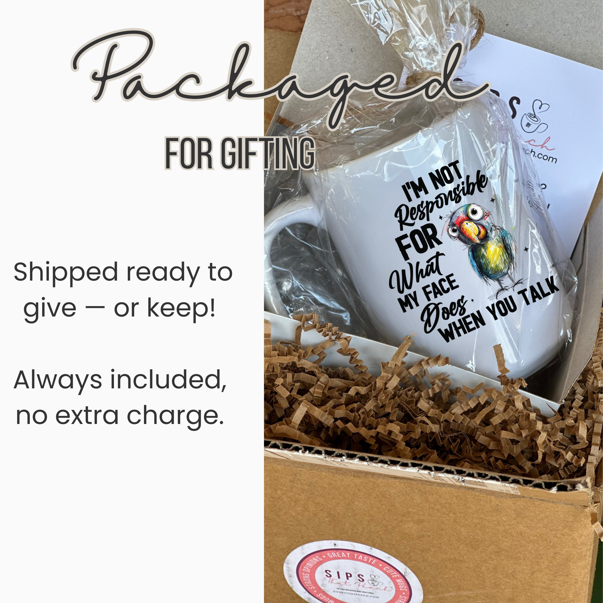 Mug inside gift box wrapped in gift wrapping.