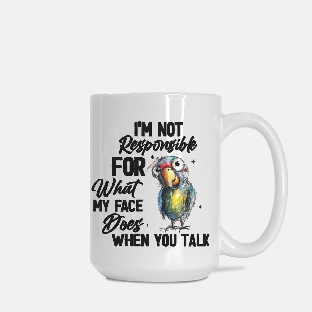White mug with a colorful parrot illustration and text on a white background