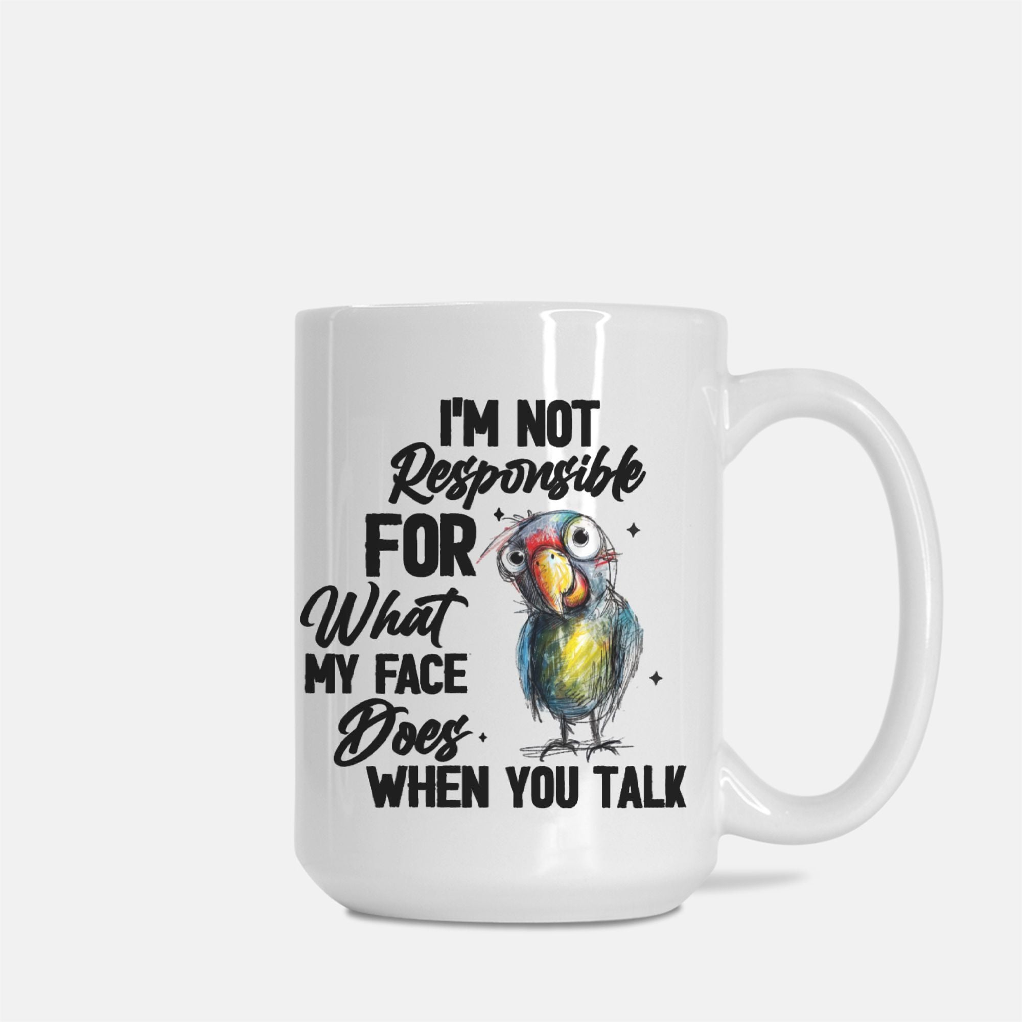 White mug with a colorful parrot illustration and text on a white background