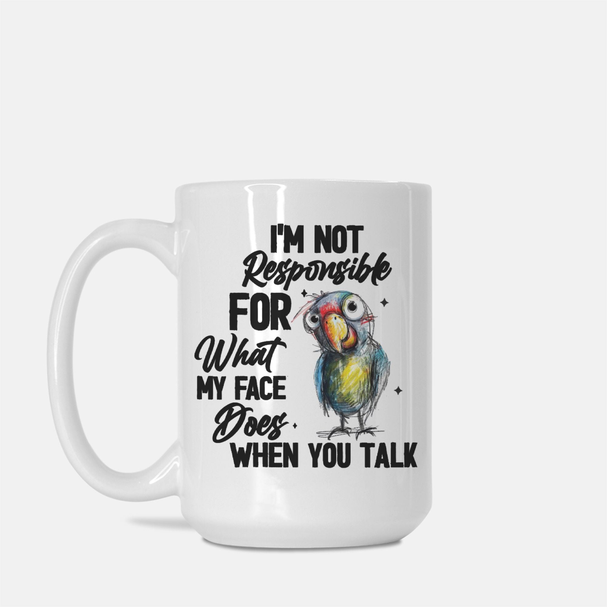 White mug with a colorful parrot illustration and text on a white background