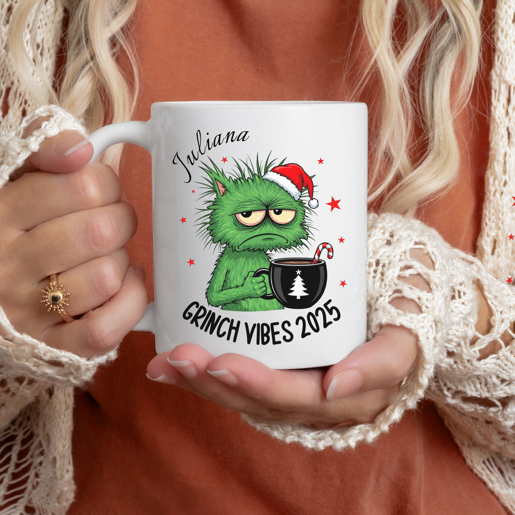 Perma Resting Grinch Face Cat Mug – Custom Name | Funny Holiday Christmas Coffee Cup | Grinch Vibes 2025