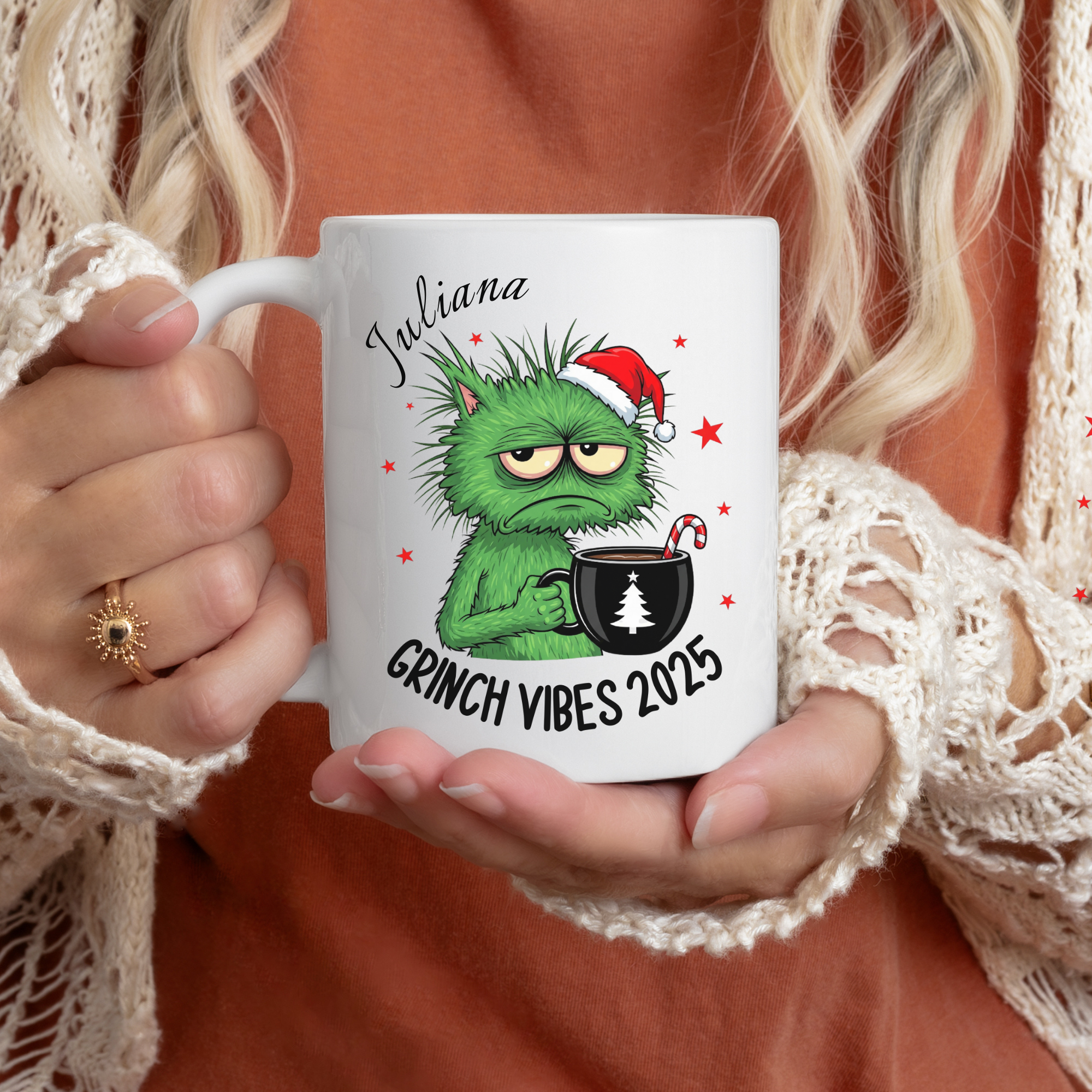 Perma Resting Grinch Face Cat Mug – Custom Name | Funny Holiday Christmas Coffee Cup | Grinch Vibes 2025