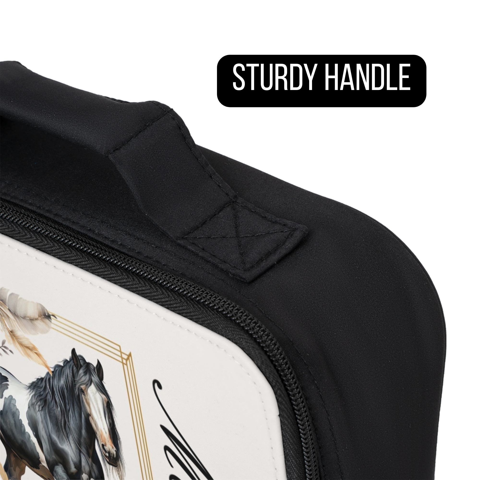 Black bag with a horse illustration and 'Sturdy Handle' text