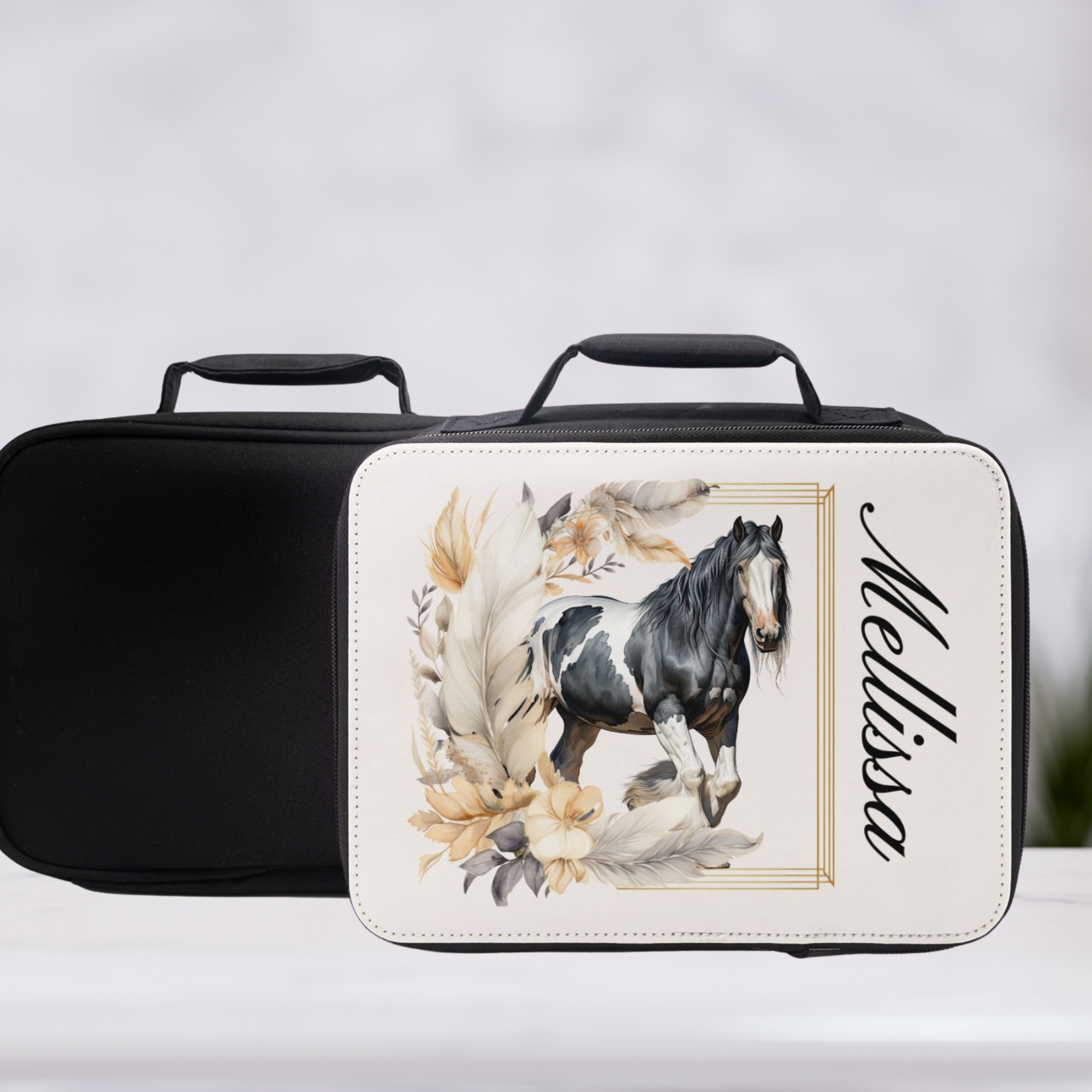 Makeup case with horse design and 'Melissa' text on a white background