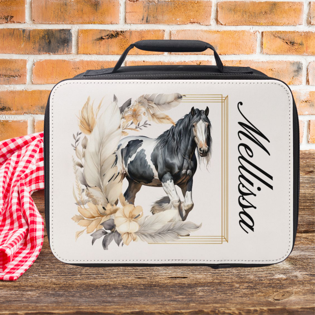 Personalized lunch bag with horse design and name 'Melissa' against a brick wall background
