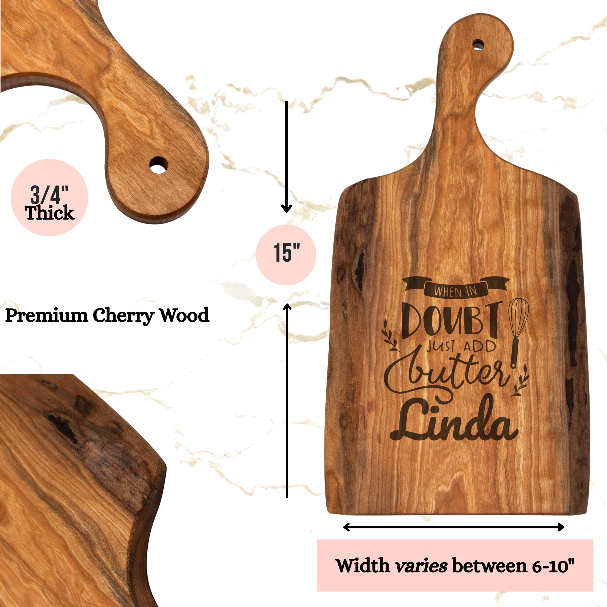 Wooden cutting board with engraved text, dimensions, and material details on a light background.