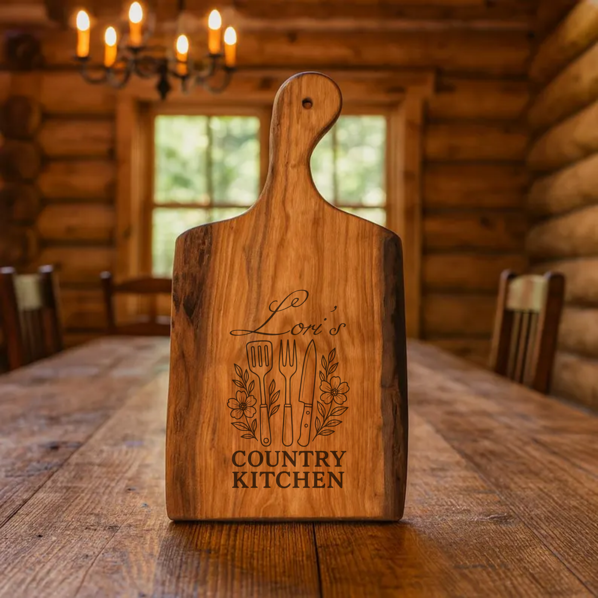 Wooden cutting board with engraved text on a wooden table in a rustic kitchen setting.