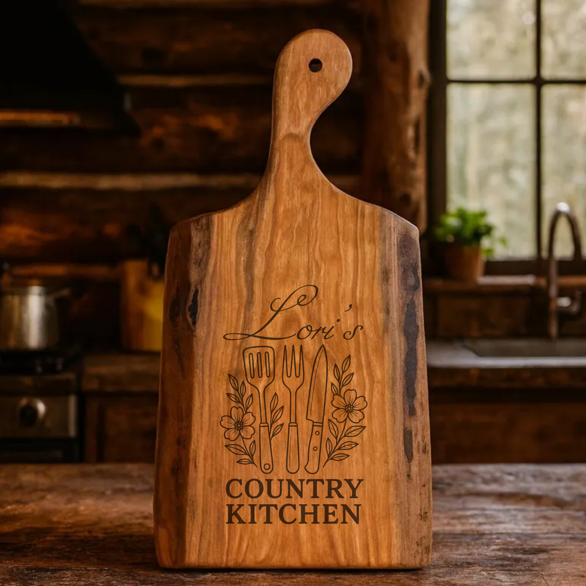 Wooden cutting board with 'Lori's Country Kitchen' engraving in a rustic kitchen setting.