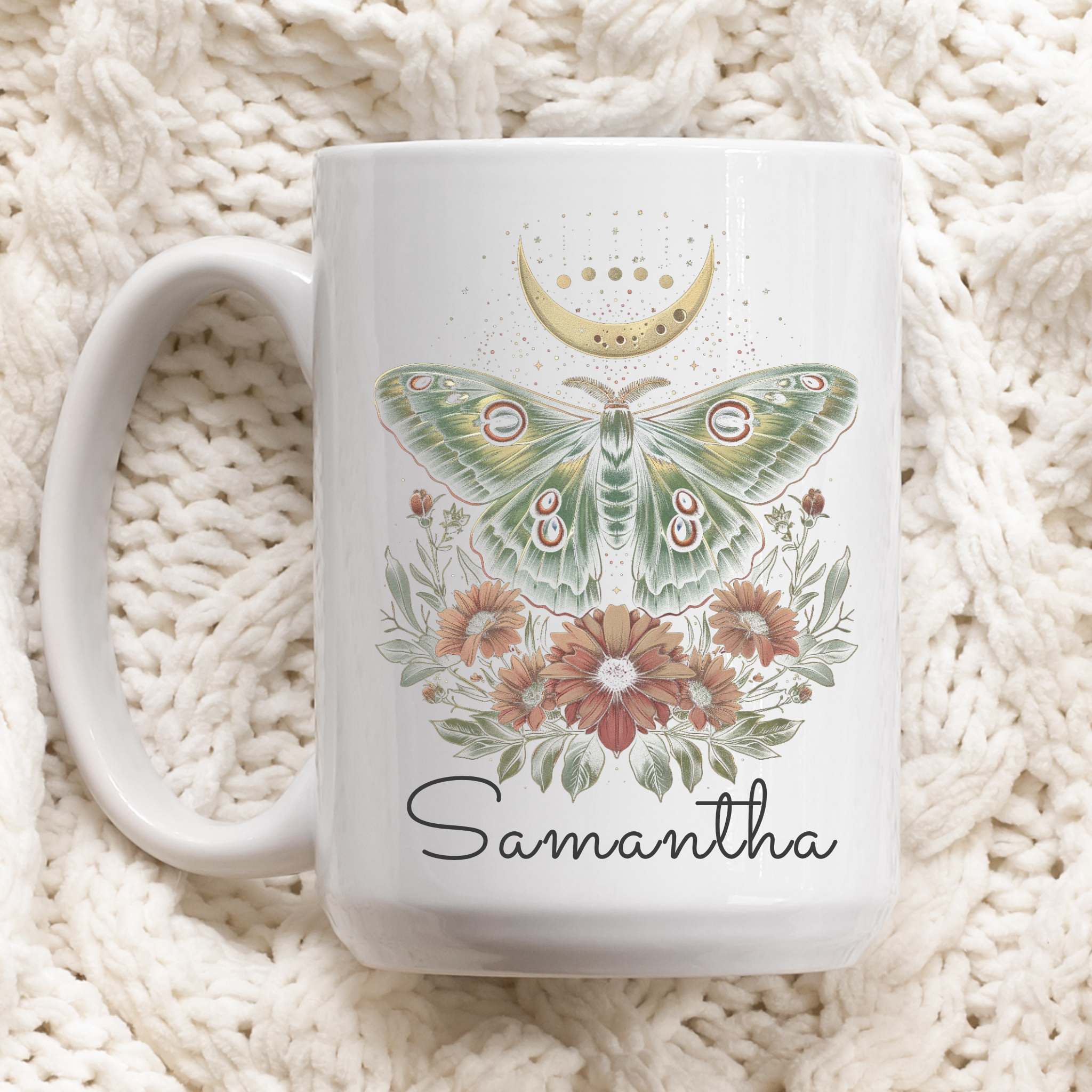White mug with Celestial Lunar Moth design and 'Samantha' text on a textured white surface