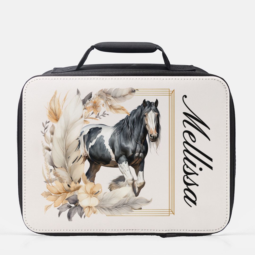 Black lunch box with horse design and 'Melissa' text on a white background
