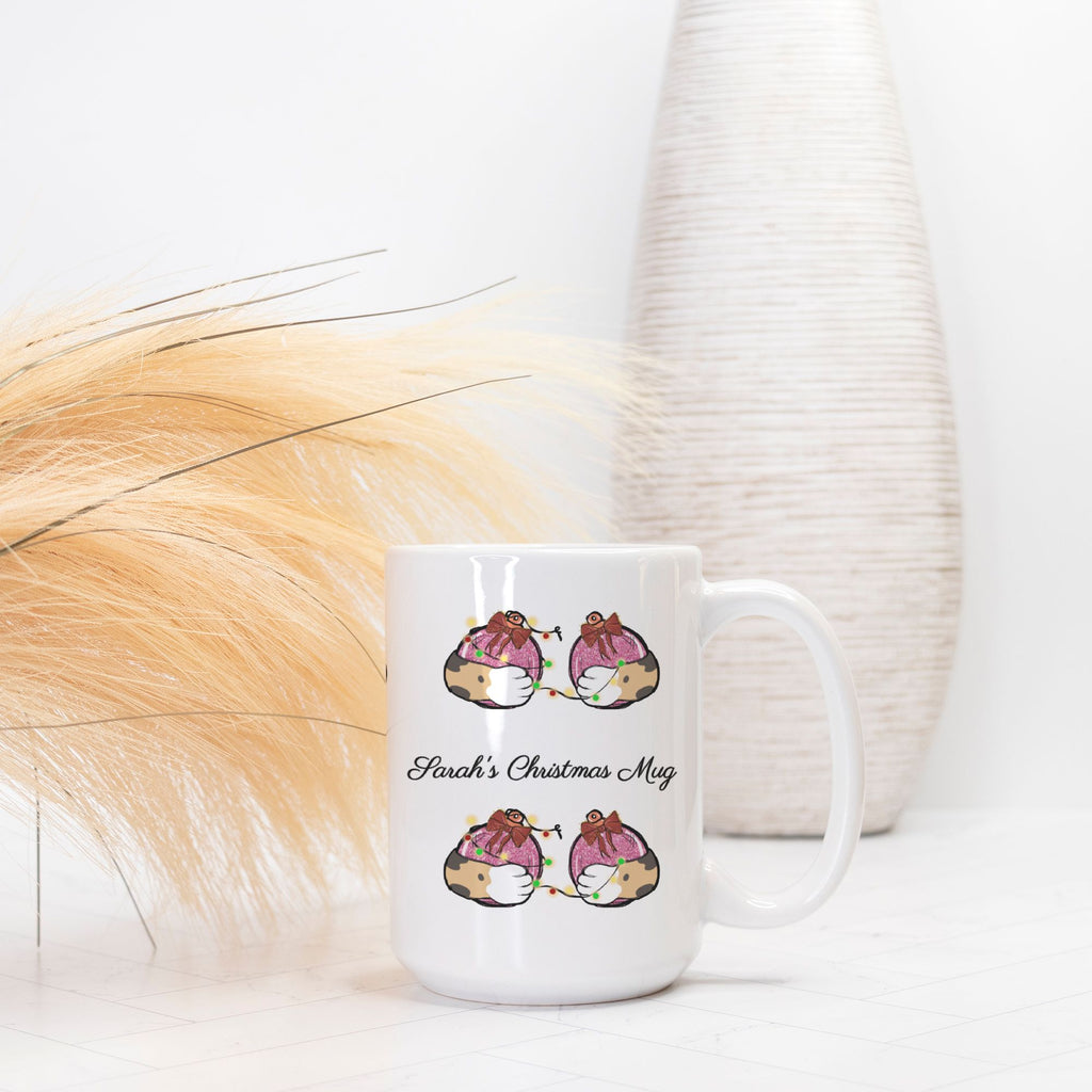 White mug with cartoon designs and text on a white background