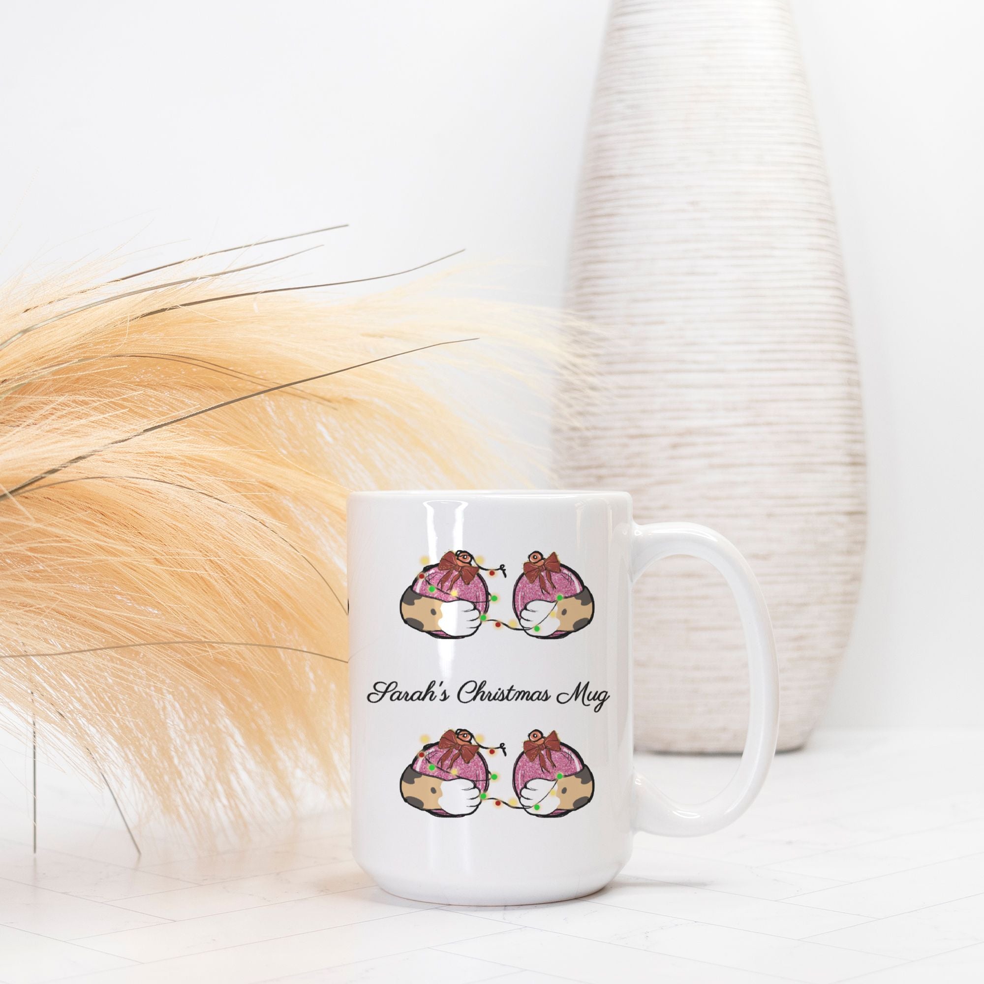 White mug with cartoon designs and text on a white background