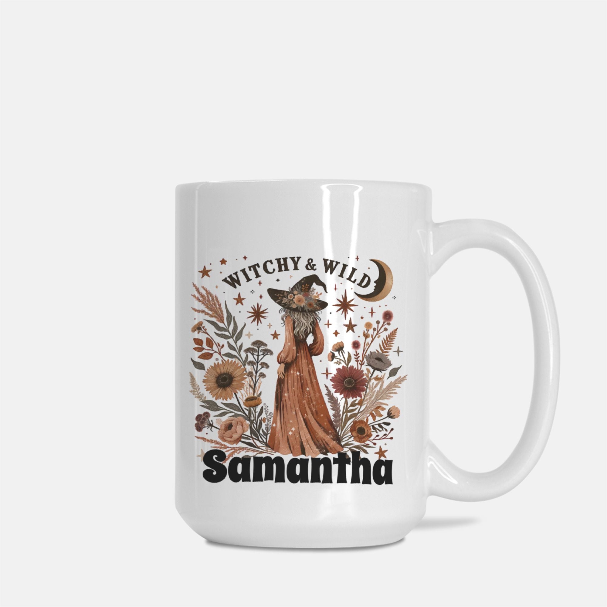 White mug with a design of a fox in a witch's hat, flowers, and the text 'Witchy & Wild Samantha' on a white background.
