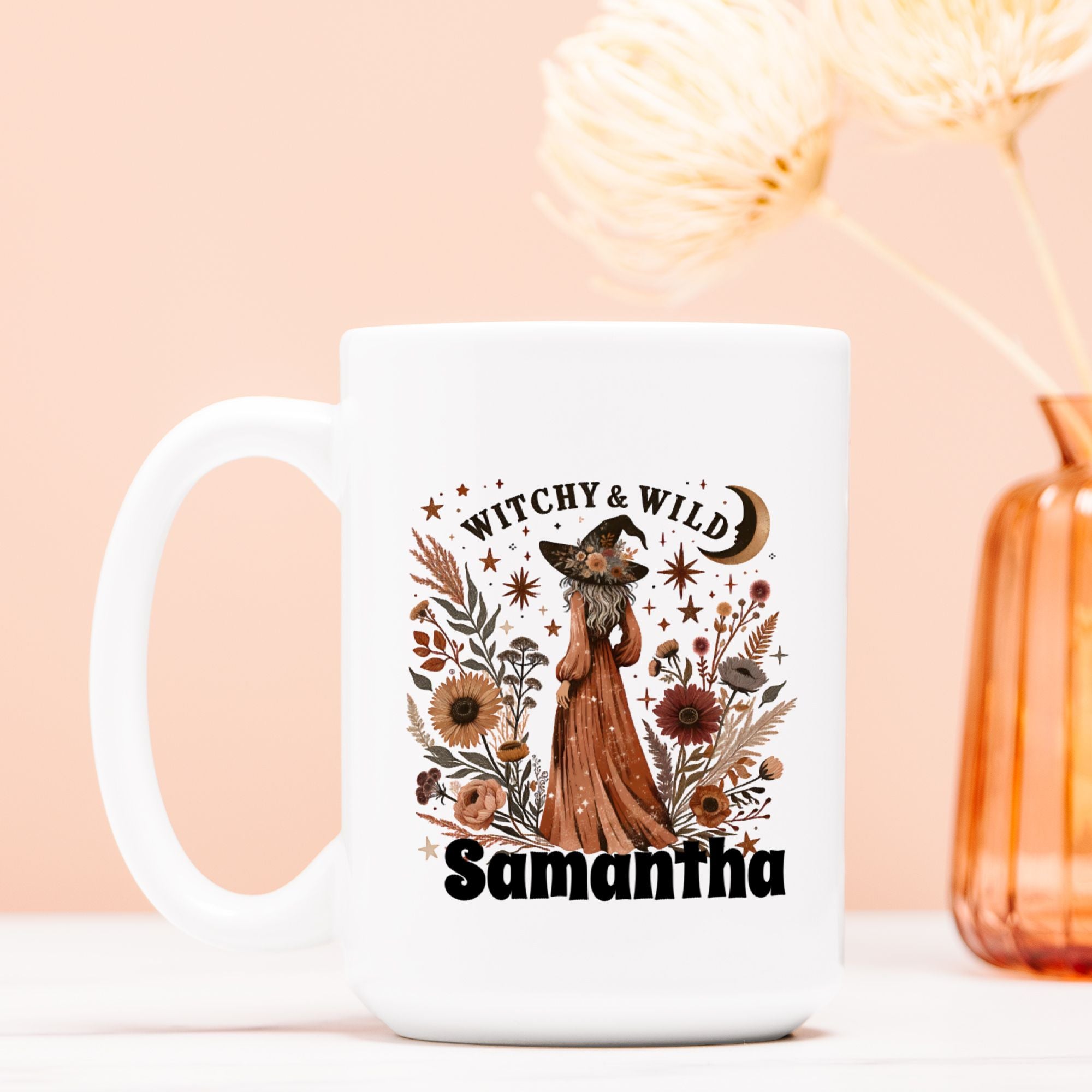White mug with 'Witchy & Wild Samantha' design on a peach background