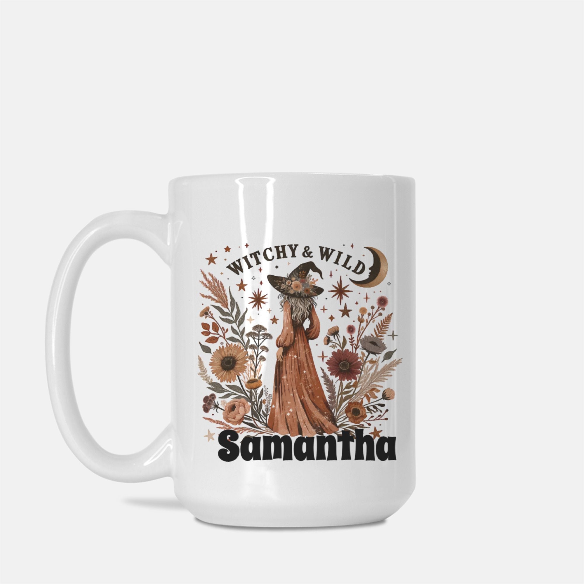 White mug with 'Witchy & Wild Samantha' design featuring a witch and floral elements on a white background.
