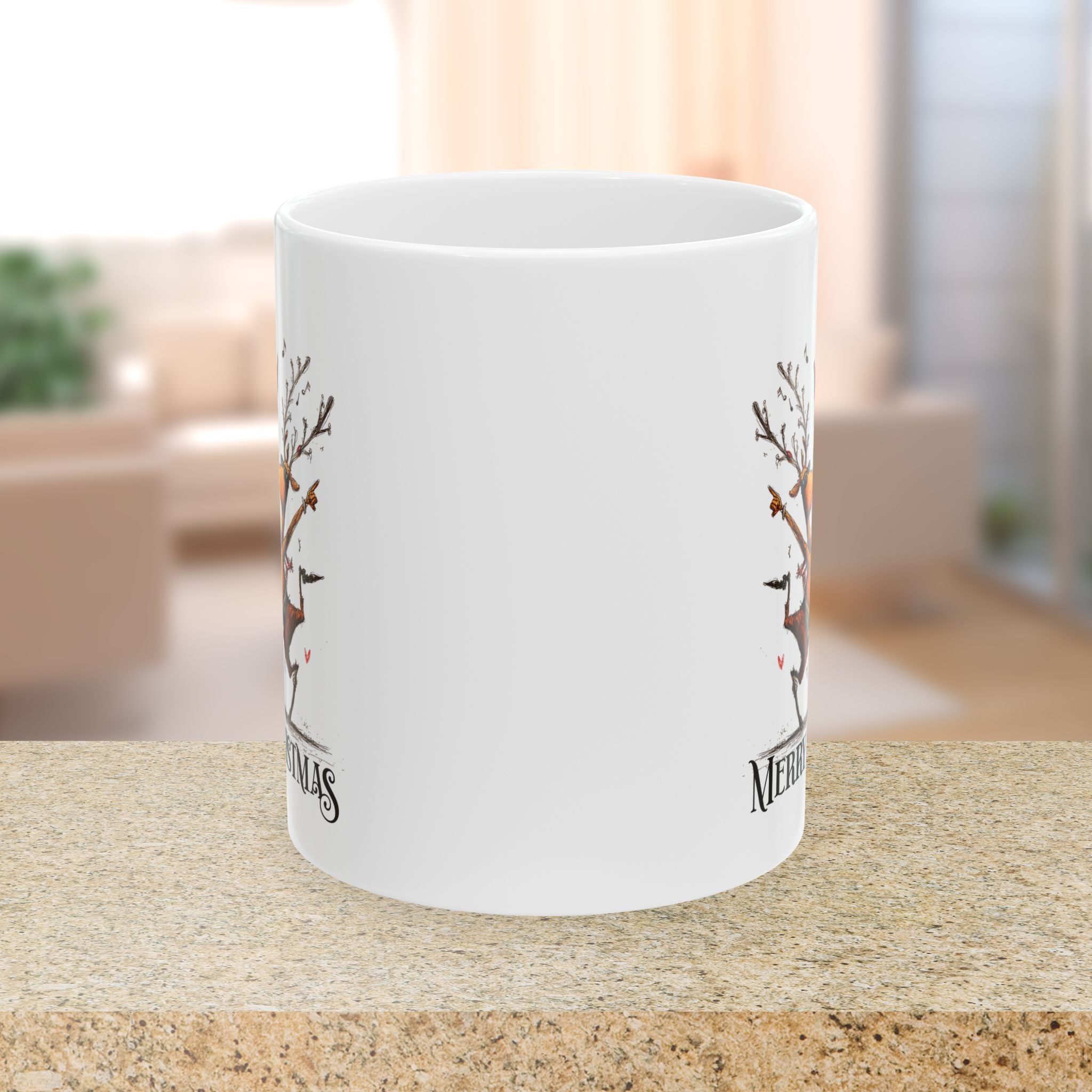 White mug with deer design on a blurred indoor background