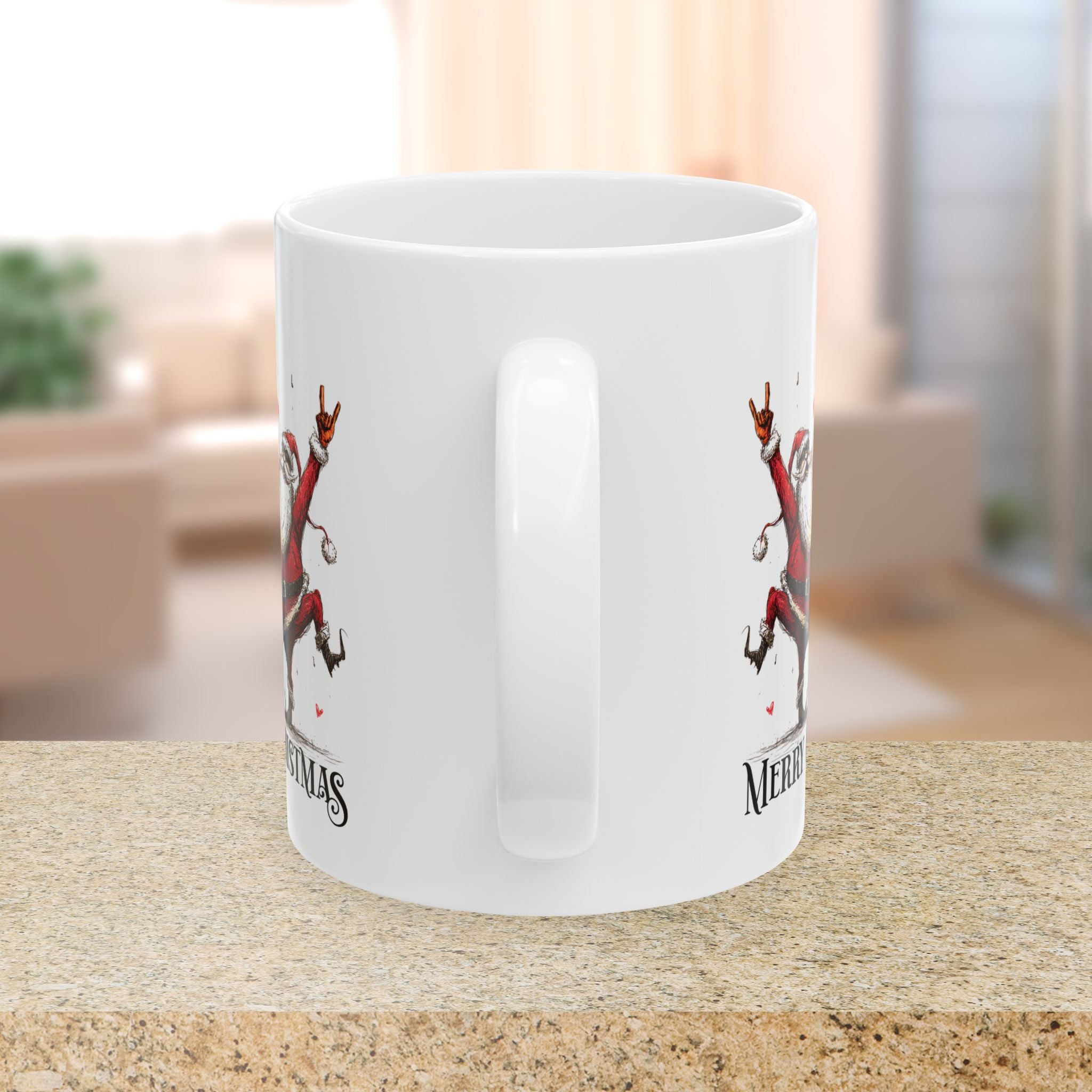 White mug with Christmas design featuring Santa Claus on a blurred indoor background