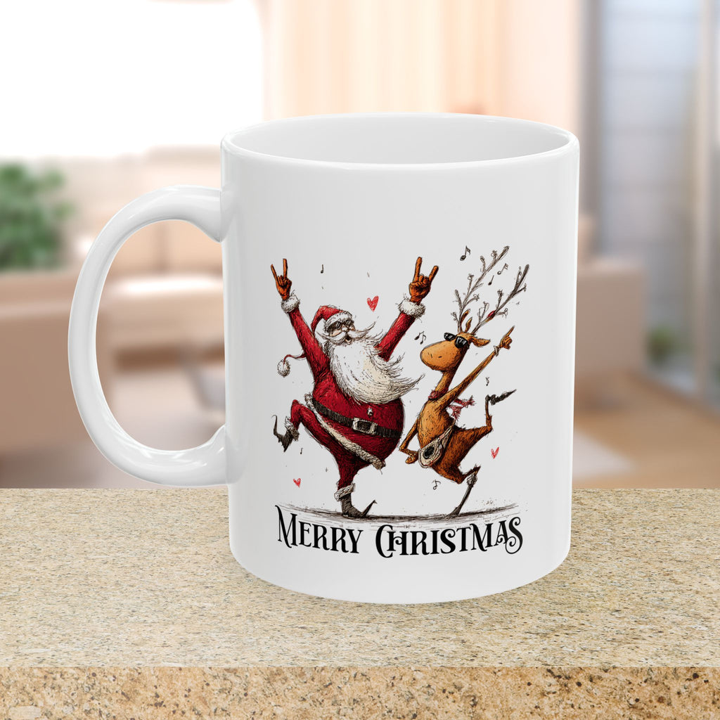 White mug with a festive design of Santa Claus and a reindeer, featuring 'Merry Christmas' text, on a wooden surface.