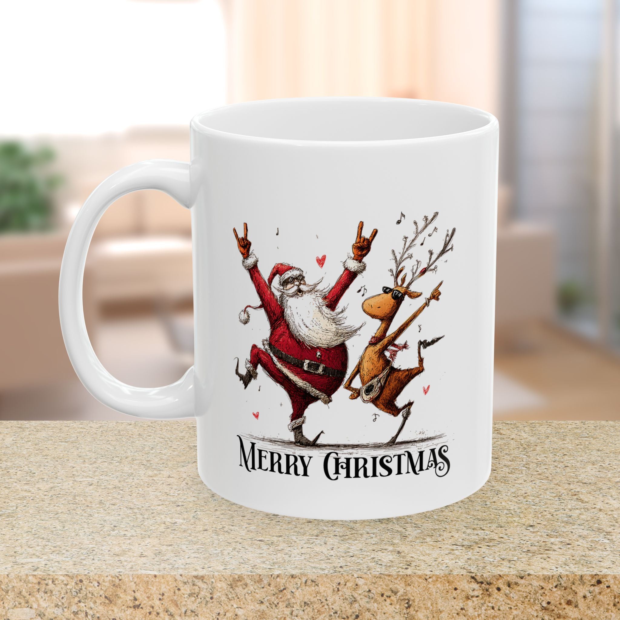 White mug with a festive design of Santa Claus and a reindeer, featuring 'Merry Christmas' text, on a wooden surface.