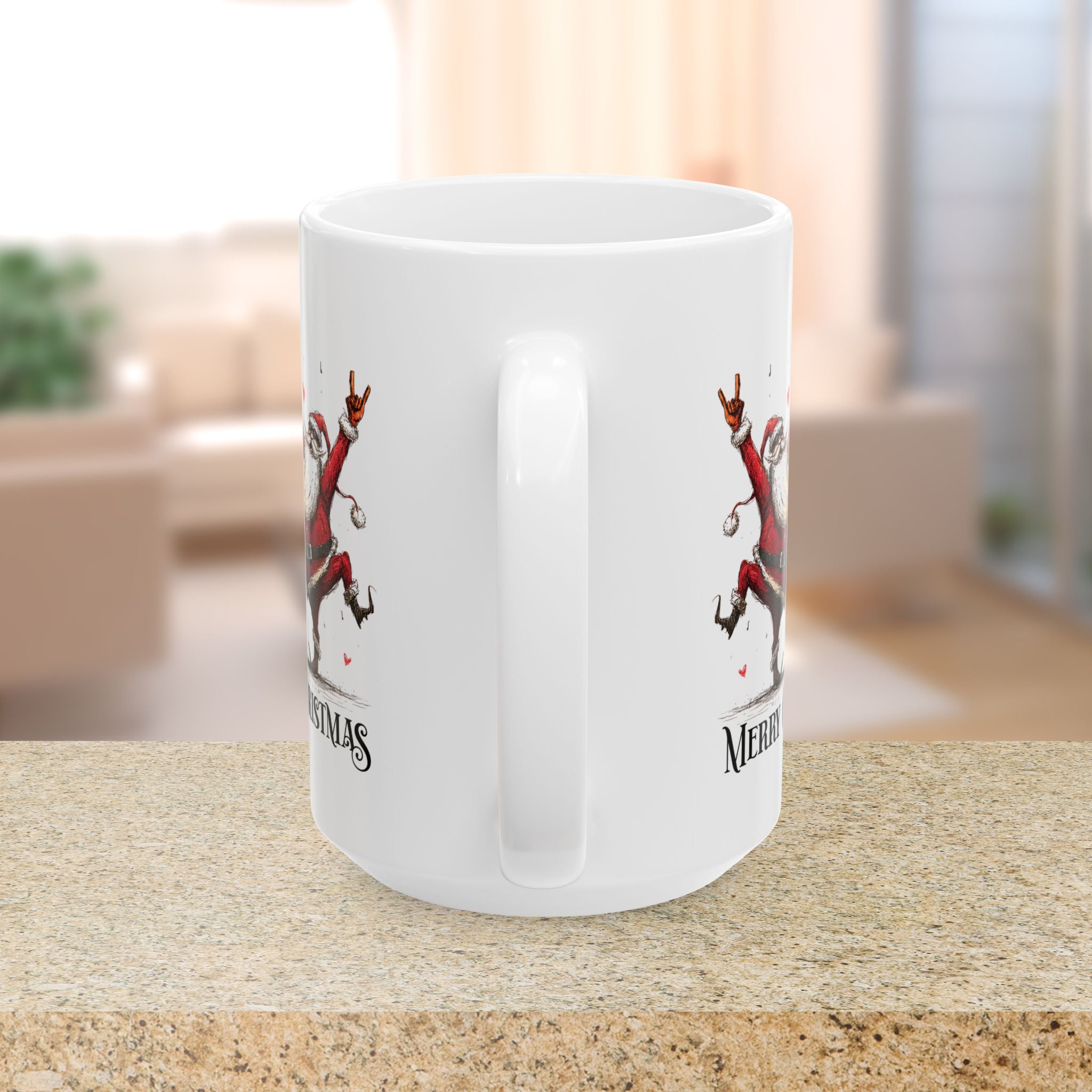 White mug with Christmas-themed design on a blurred indoor background