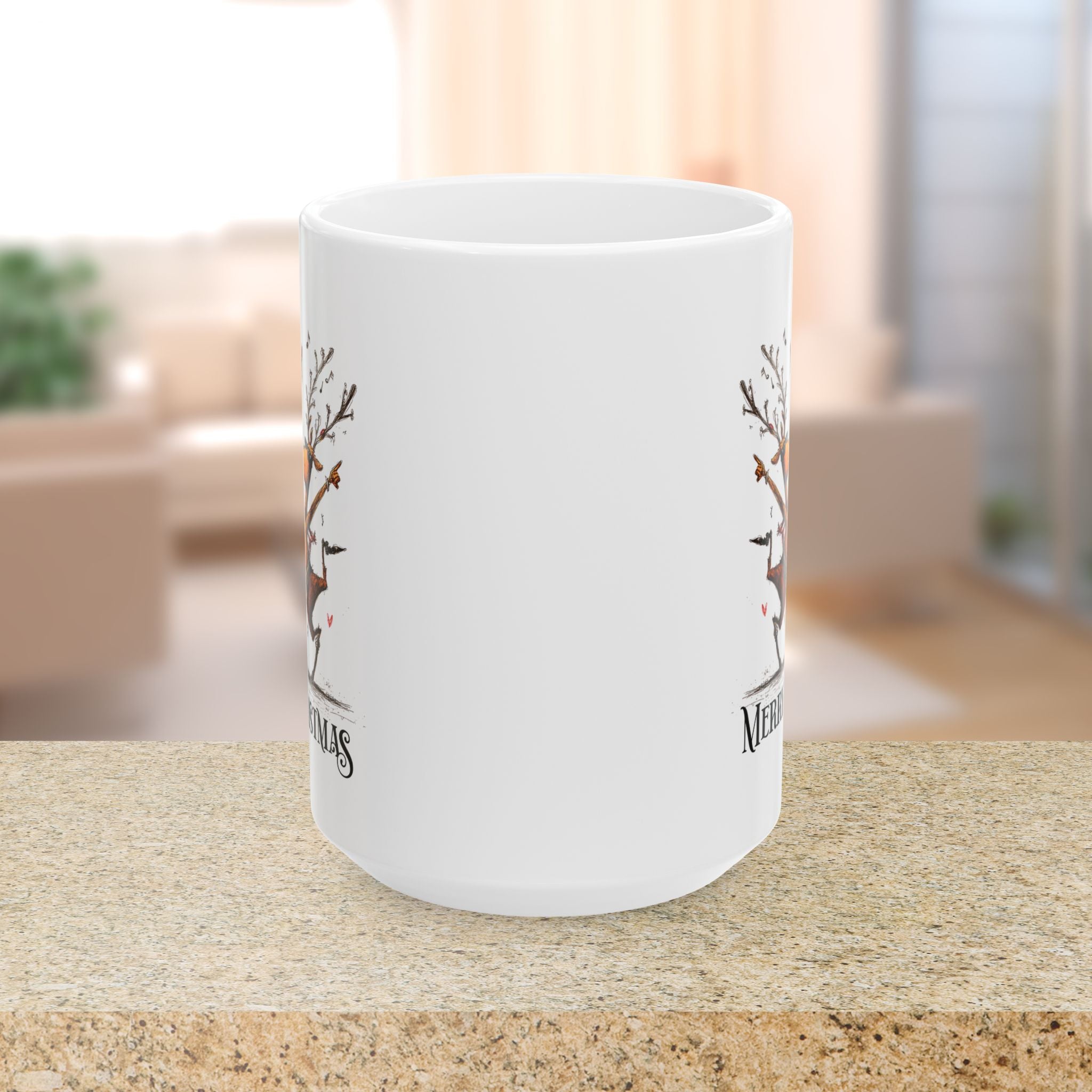 White mug with reindeer design on a blurred indoor background