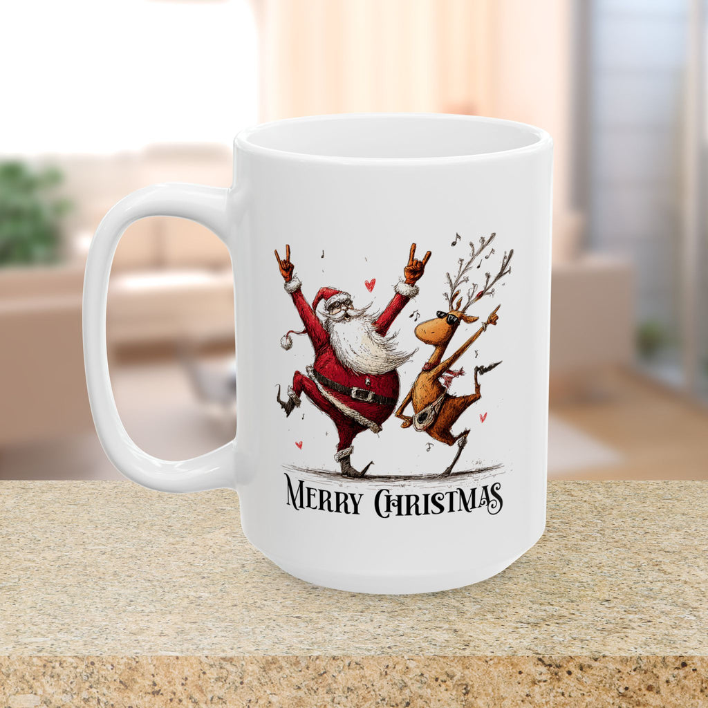 White mug with a festive design of Santa Claus and a reindeer, featuring the text 'Merry Christmas', on a blurred indoor background.