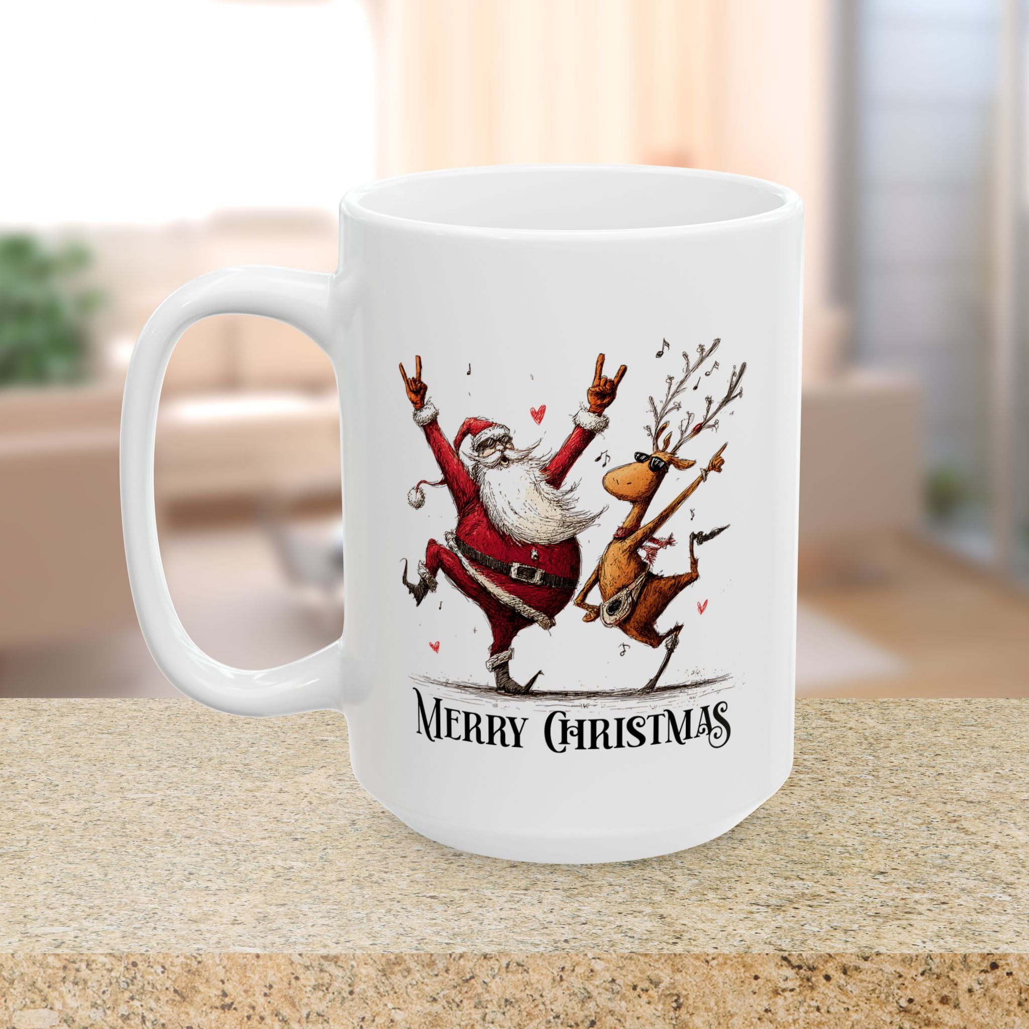 White mug with a festive design of Santa Claus and a reindeer, featuring the text 'Merry Christmas', on a blurred indoor background.