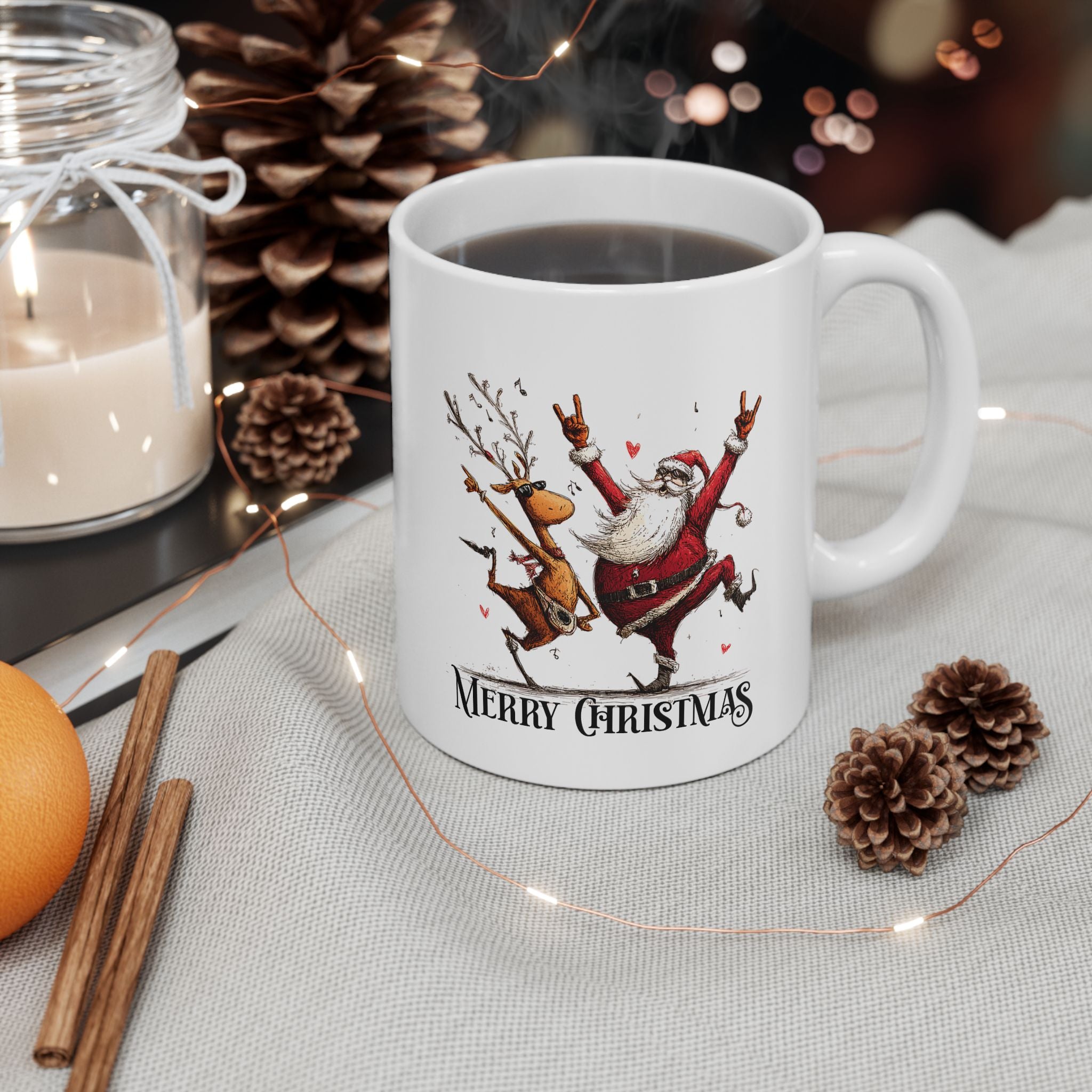 White mug with a Christmas design featuring Santa Claus, surrounded by festive items like pine cones and an orange.