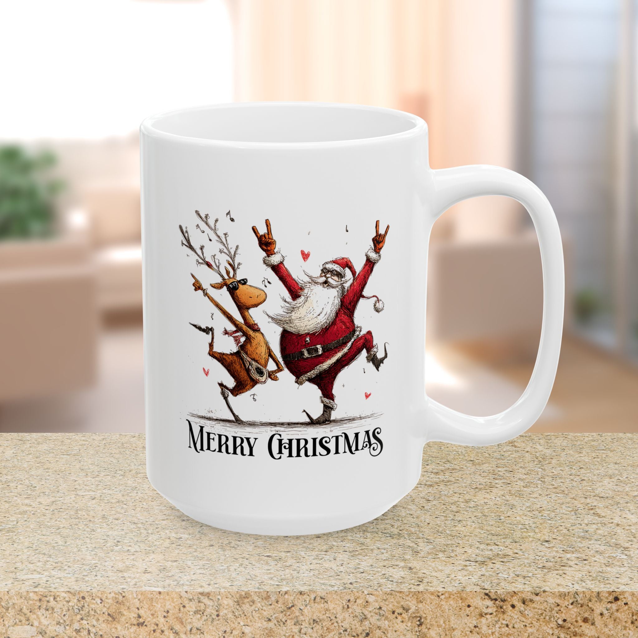 White mug with a festive design of Santa Claus and reindeer, featuring 'Merry Christmas' text, on a blurred indoor background.