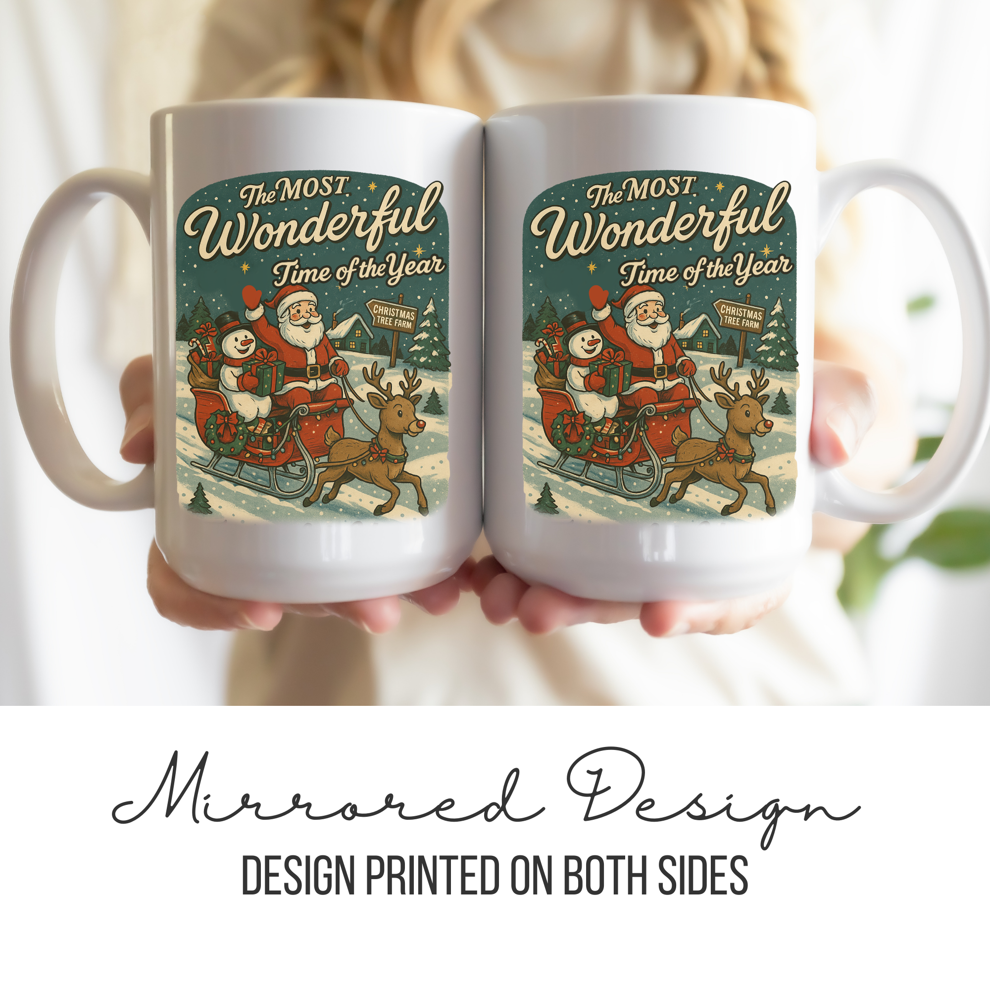 Two mugs with a mirrored Christmas design featuring Santa Claus and reindeer, held together.