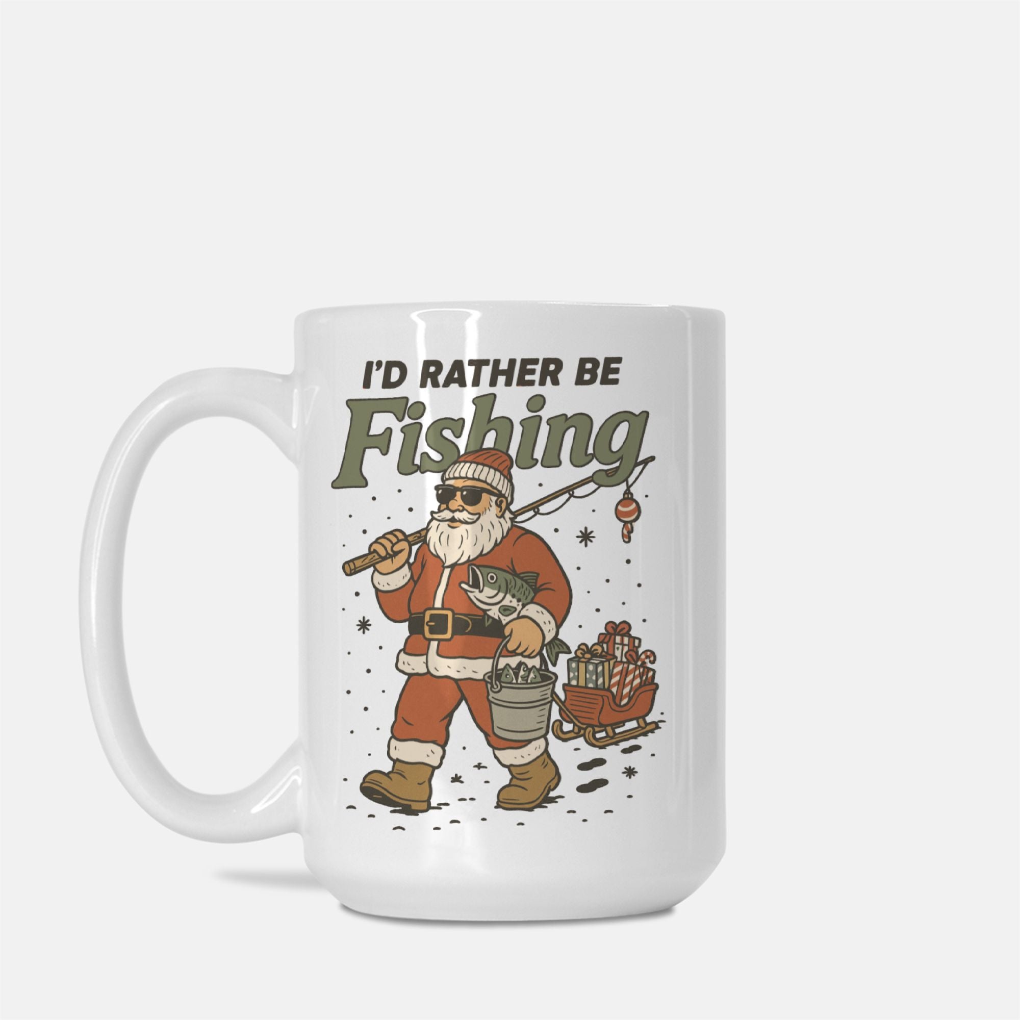 Mug with Santa Claus illustration and 'I'd Rather Be Fishing' text on a white background