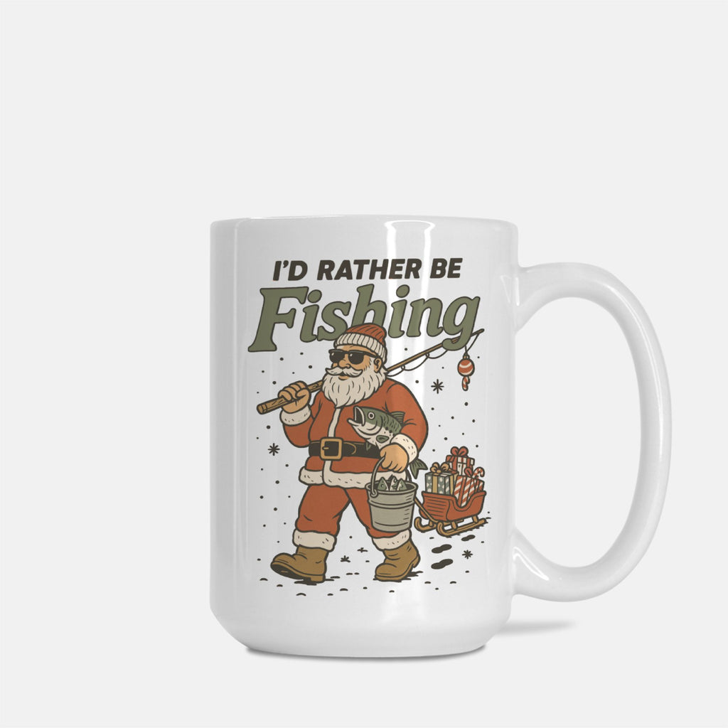 Mug with Santa Claus fishing design and 'I'd Rather Be Fishing' text on a white background