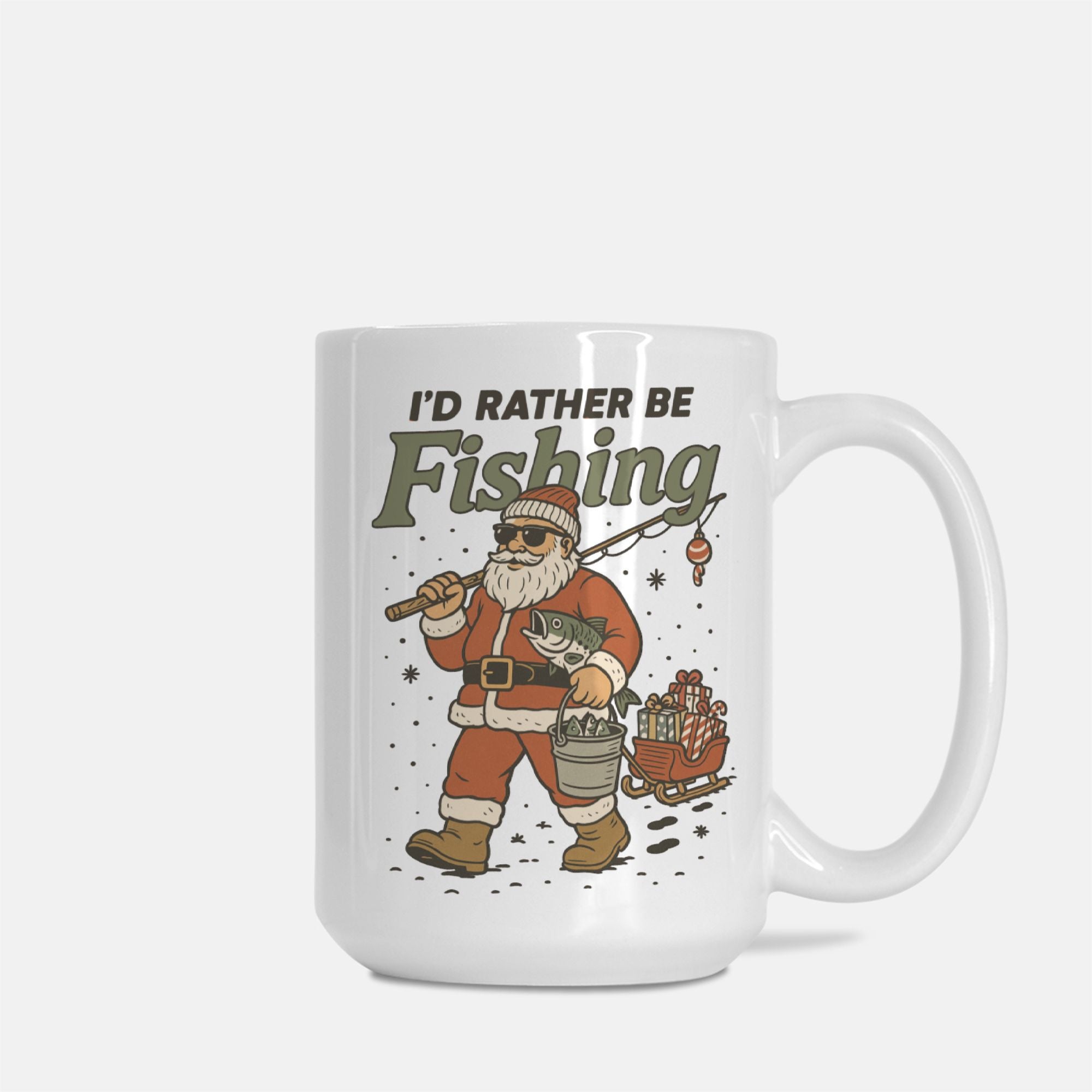 Mug with Santa Claus fishing design and 'I'd Rather Be Fishing' text on a white background