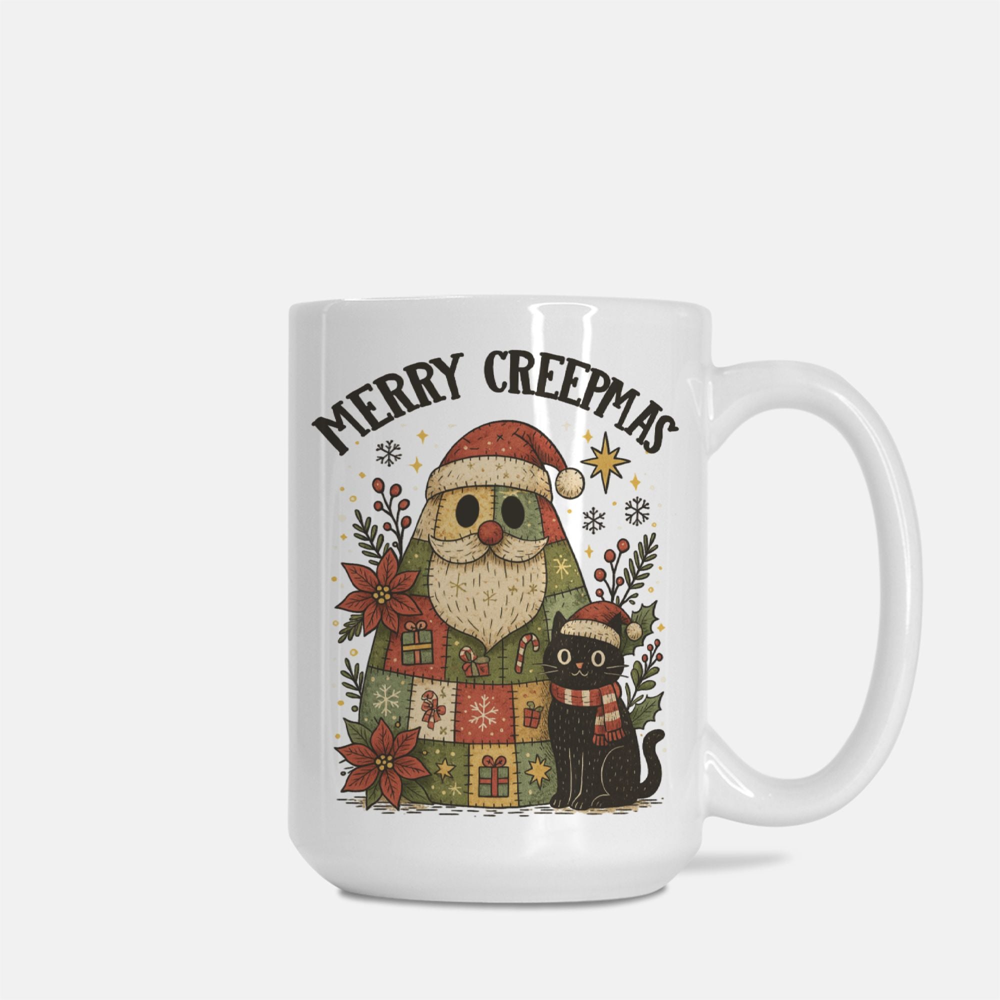 Mug with Santa Claus and black cat design, featuring 'Merry Creepmas' text on a white background.