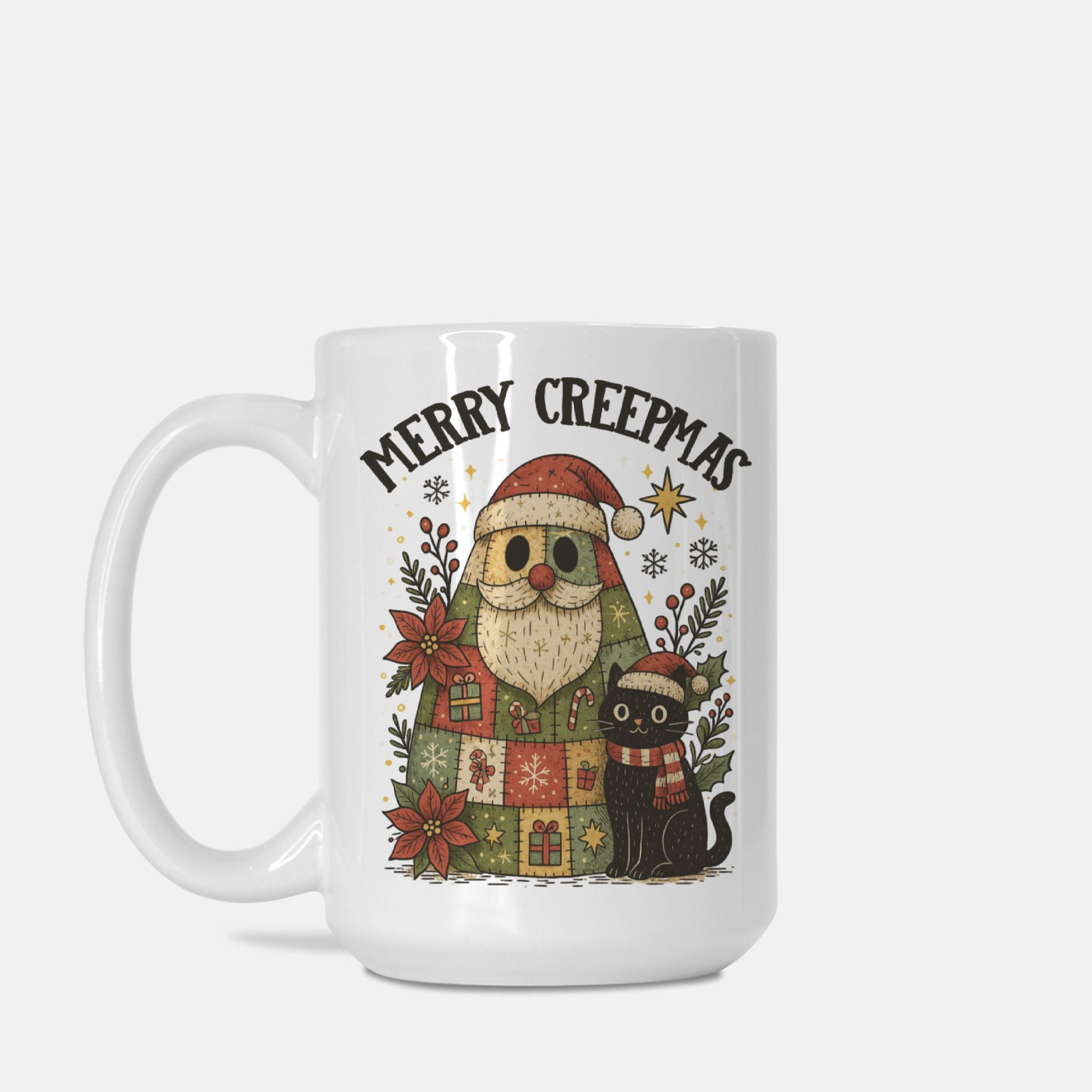 Mug with Santa Claus and black cat design and 'Merry Creepmas' text on a white background