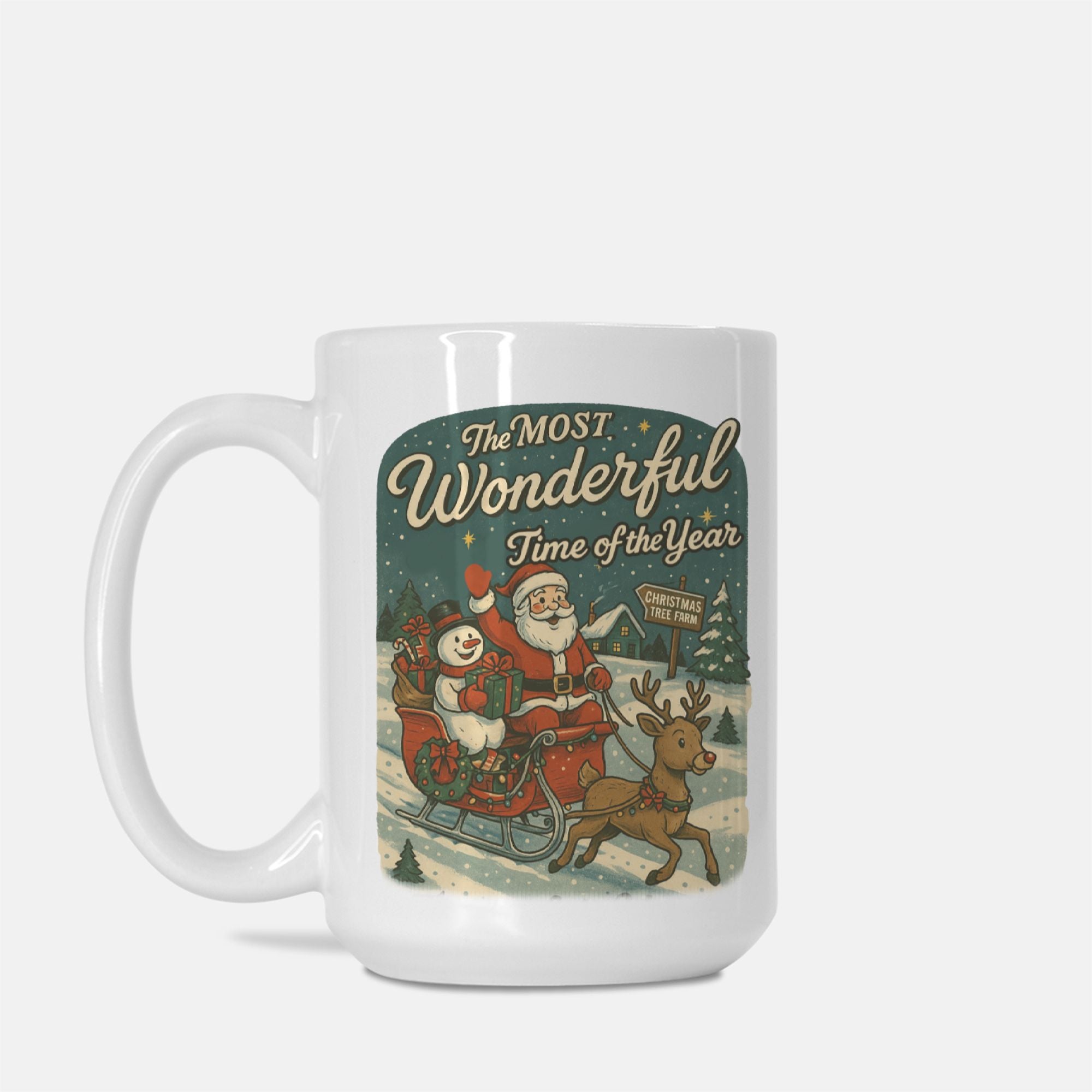 White mug with Christmas-themed design featuring Santa Claus and reindeer, text 'The Most Wonderful Time of the Year'.