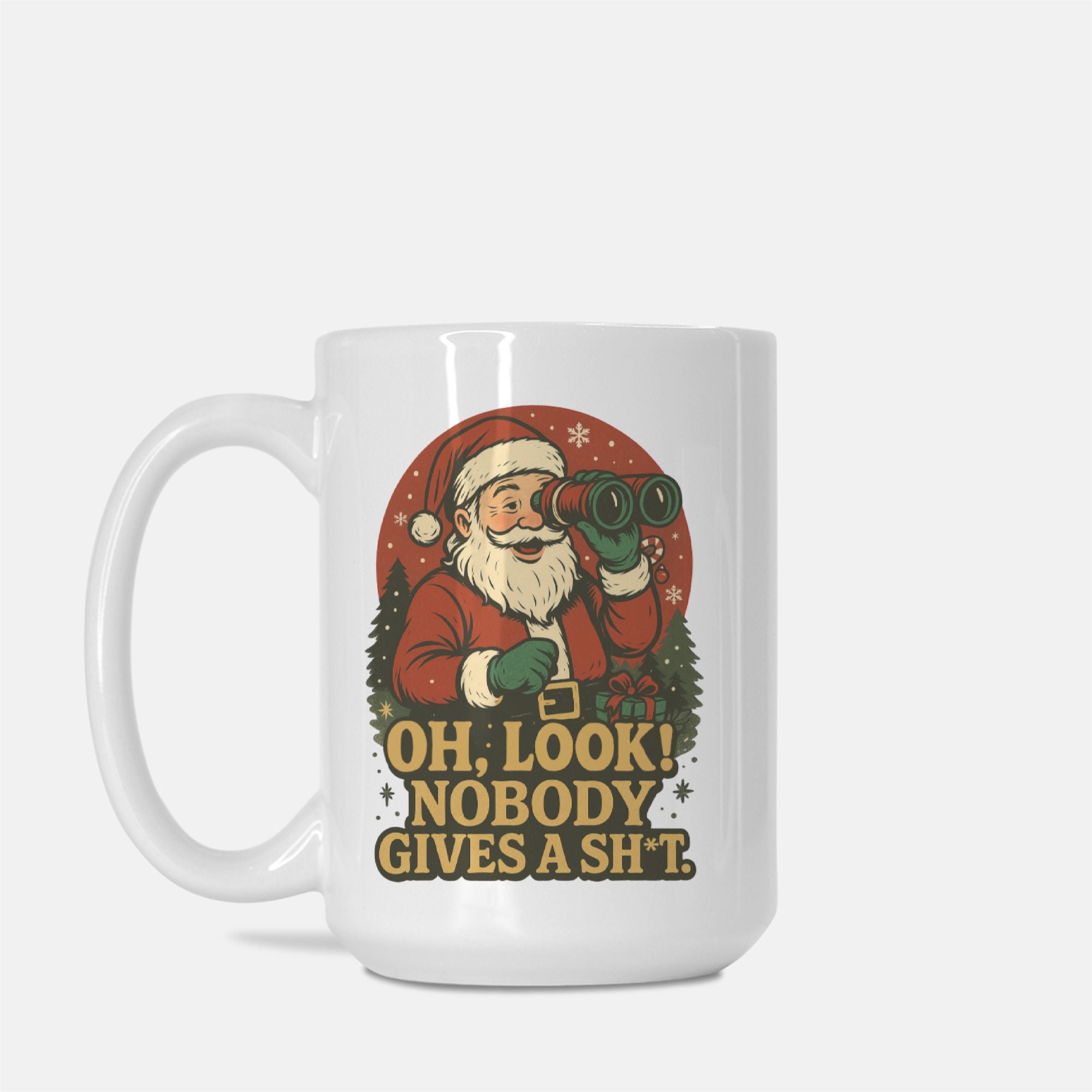 White mug with a graphic of Santa Claus holding binoculars and text on a white background