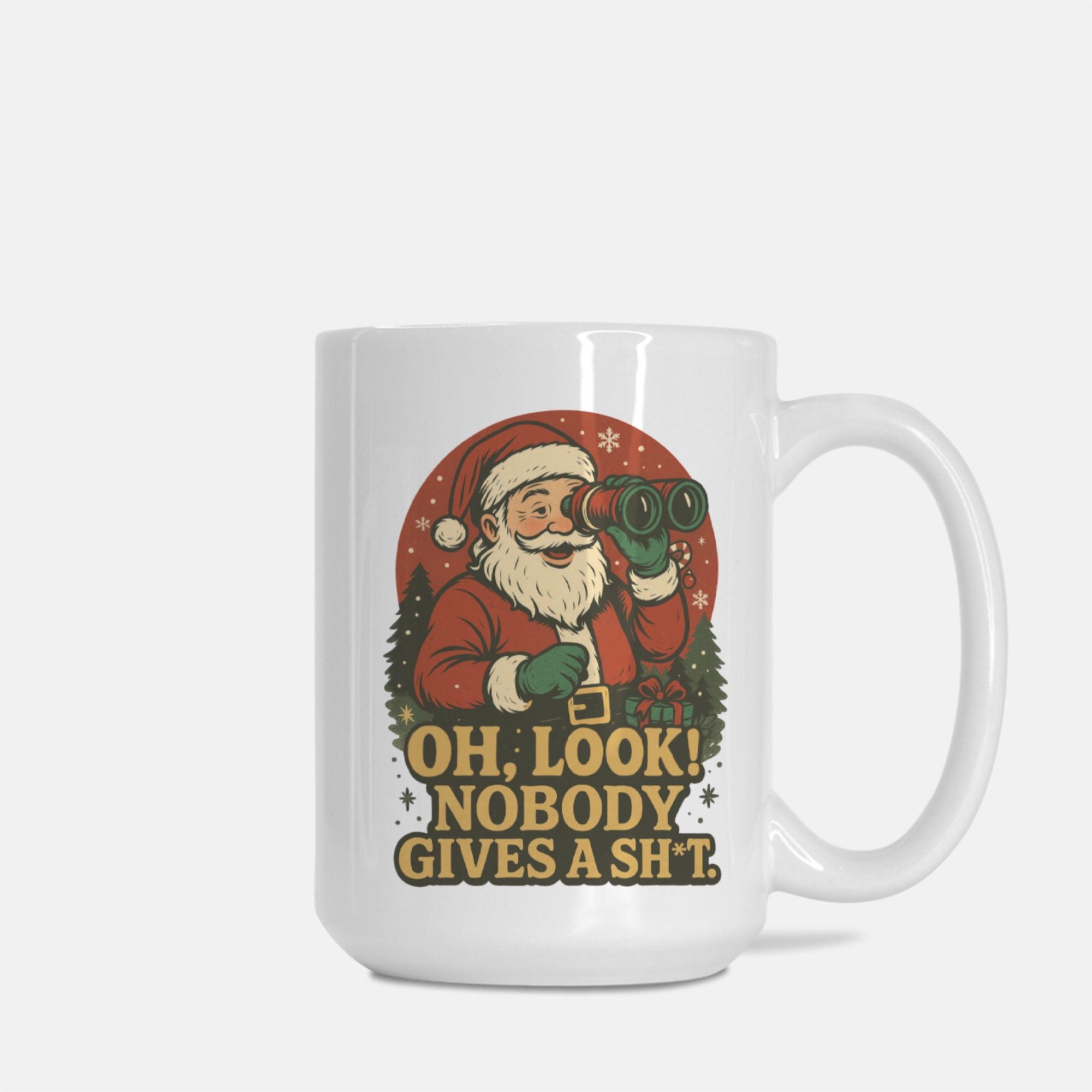 White mug with a graphic of Santa Claus and text on a white background