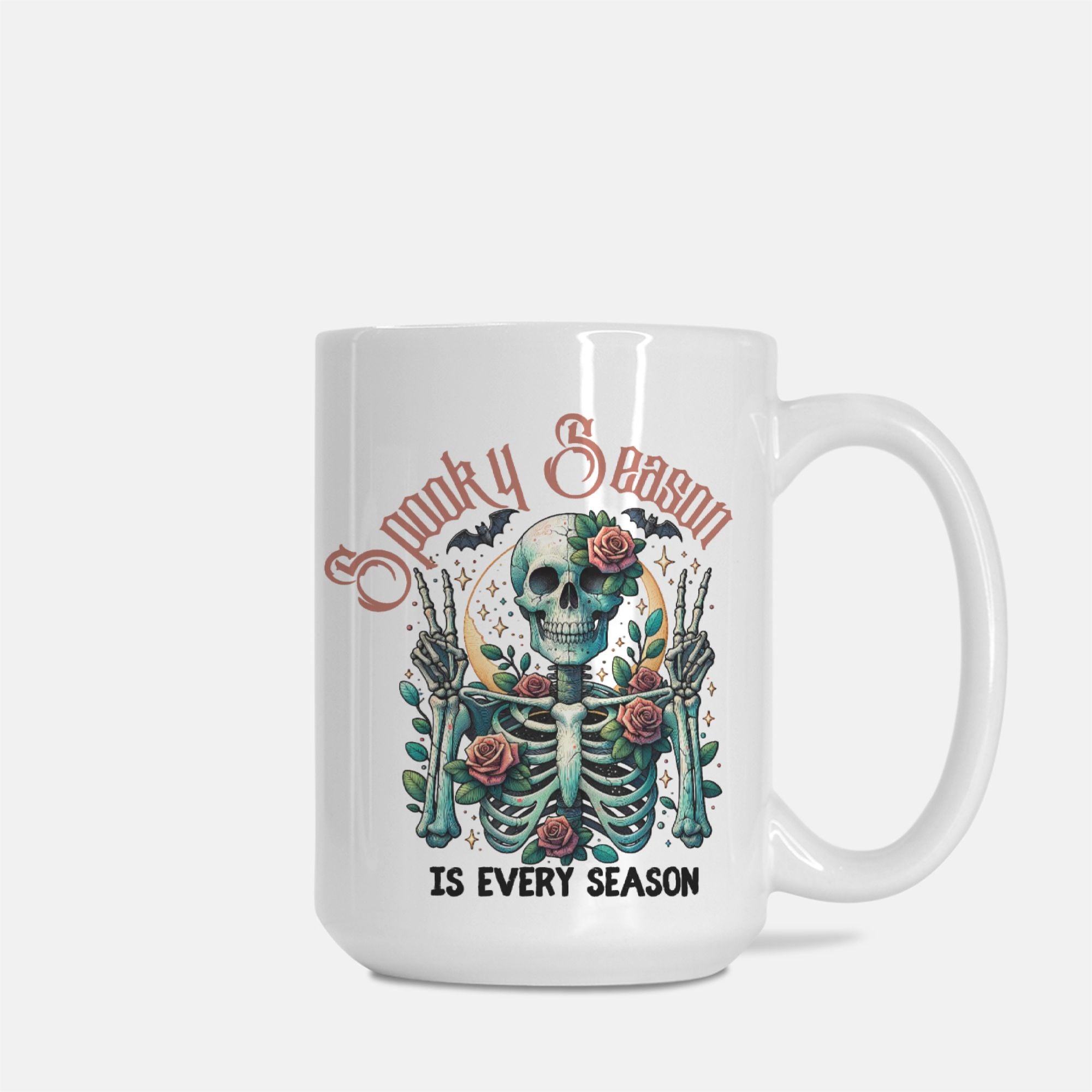 White mug with a skeleton design and text on a white background