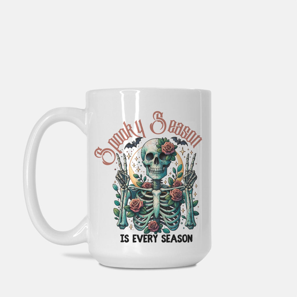White mug with a skeleton design and text on a white background
