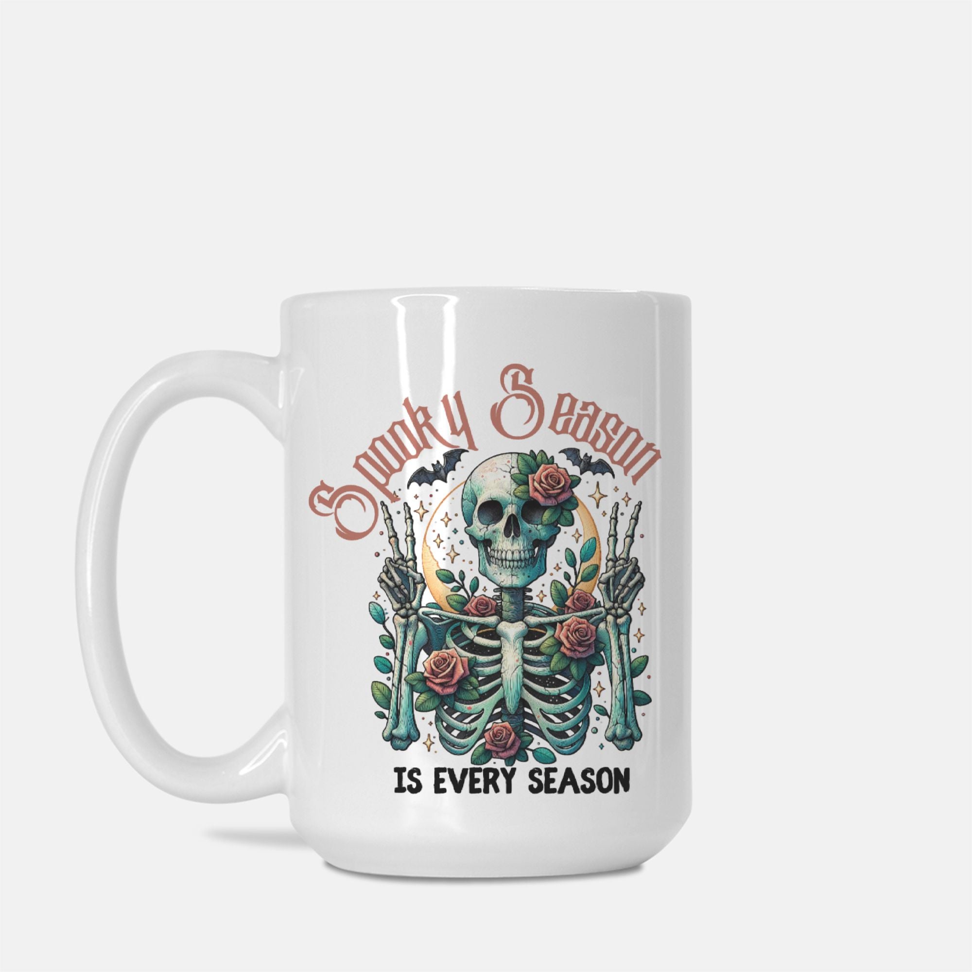 White mug with a skeleton design and text on a white background