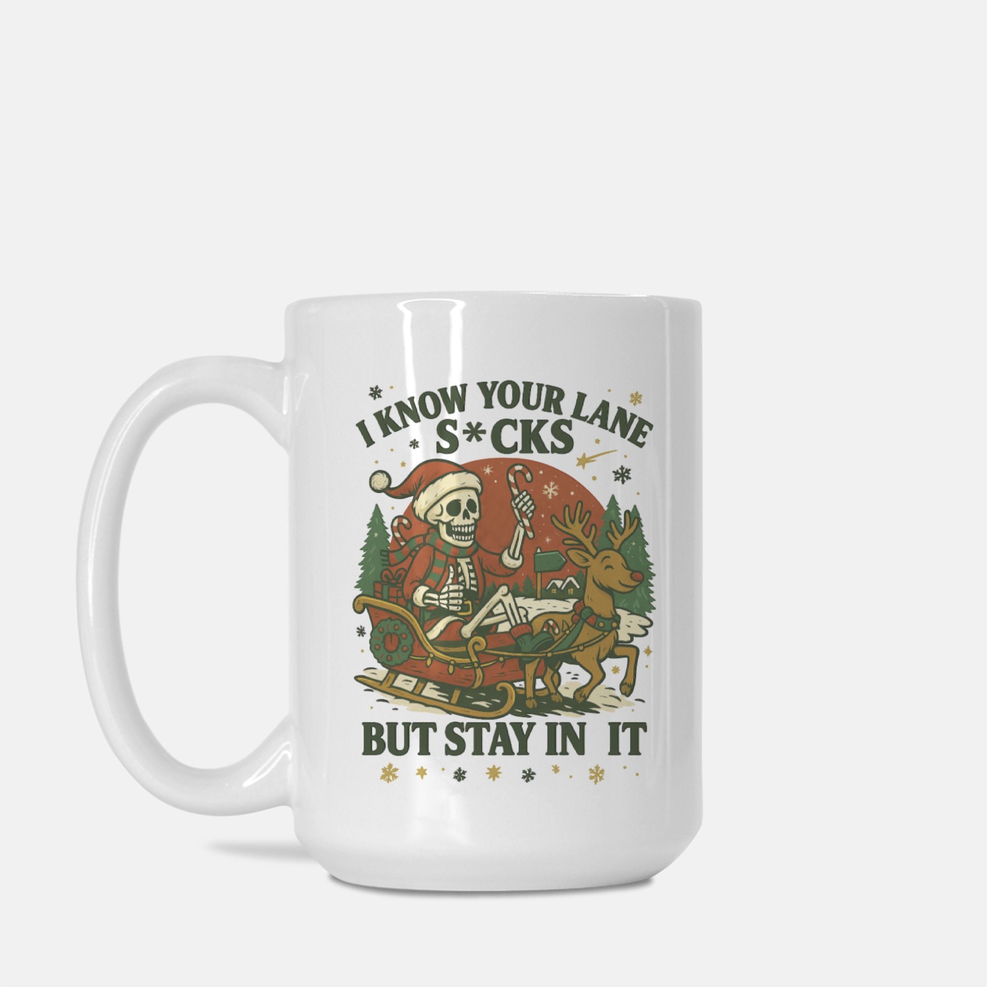 White mug with Christmas-themed design and text on a white background