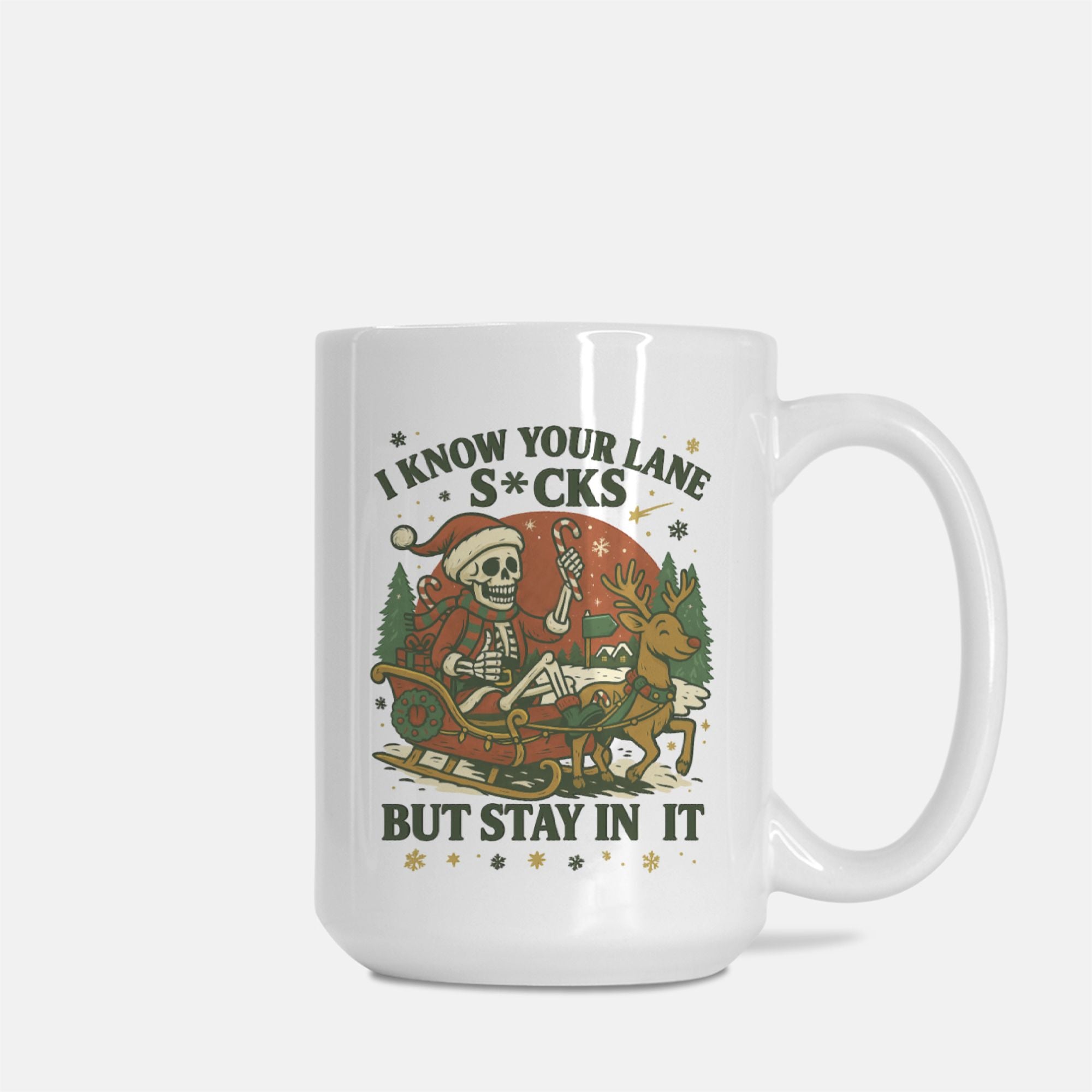 White mug with a graphic design featuring a skeleton in a Santa hat and reindeer, with text on a white background.