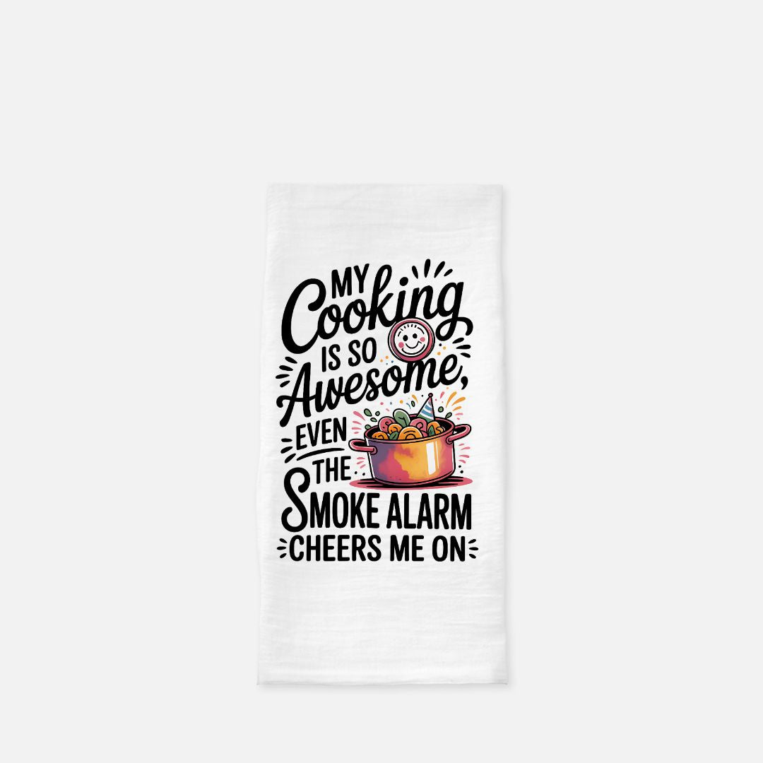 Kitchen towel with humorous cooking quote and pot graphic on a white background