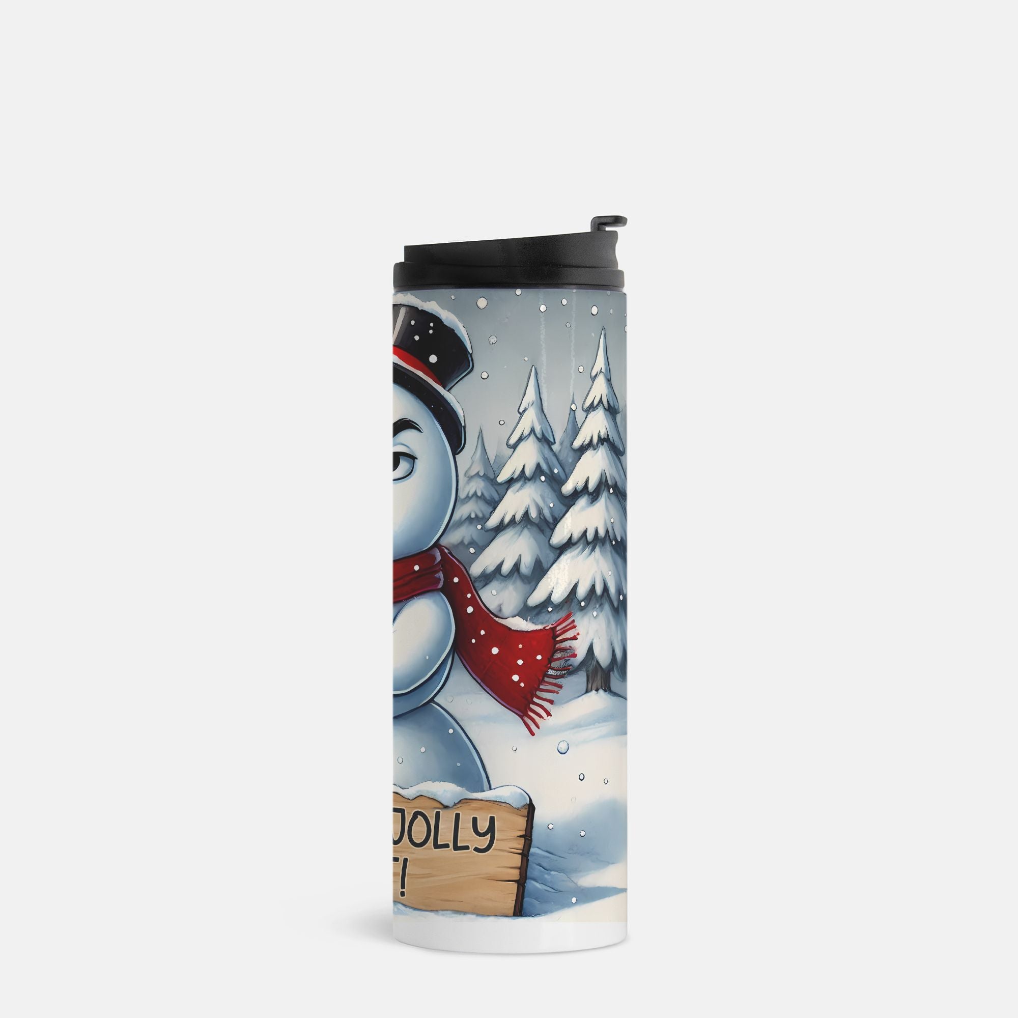 Tumbler with a snowman design on a snowy landscape