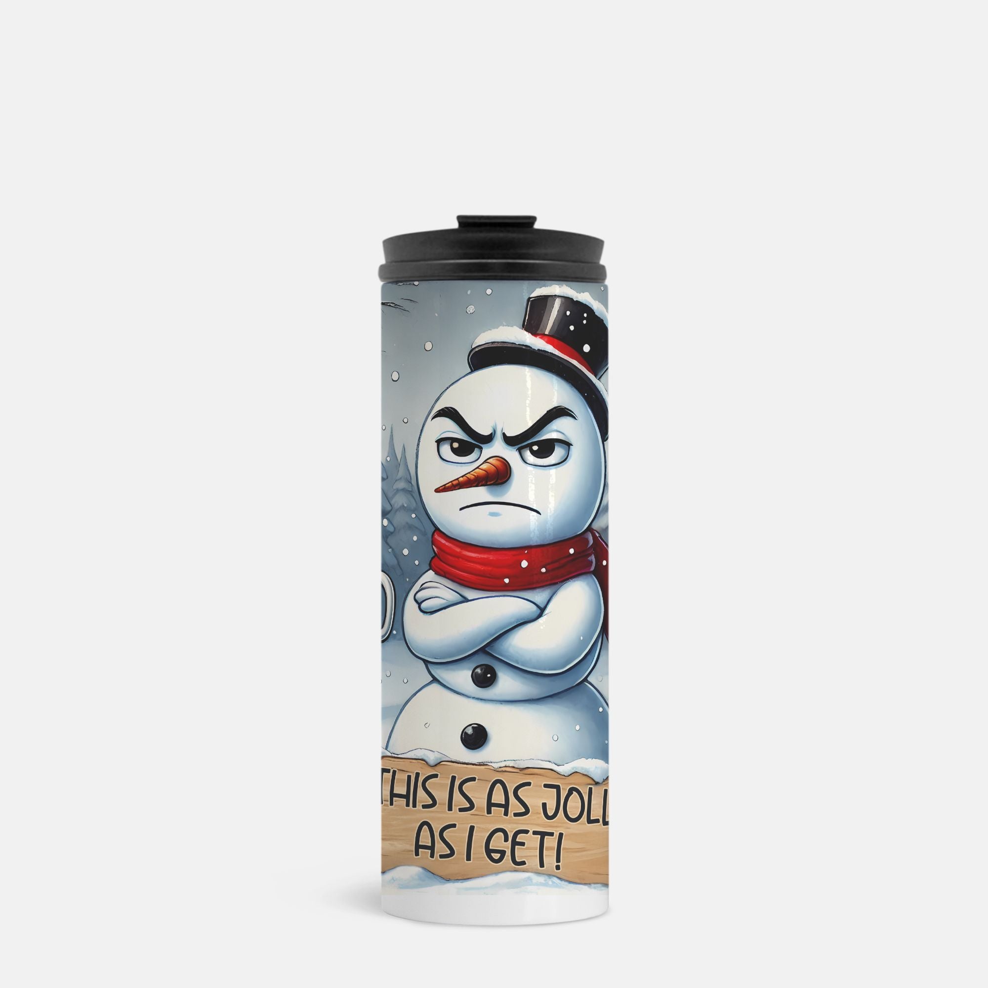 Tumbler with a snowman design and text on a white background