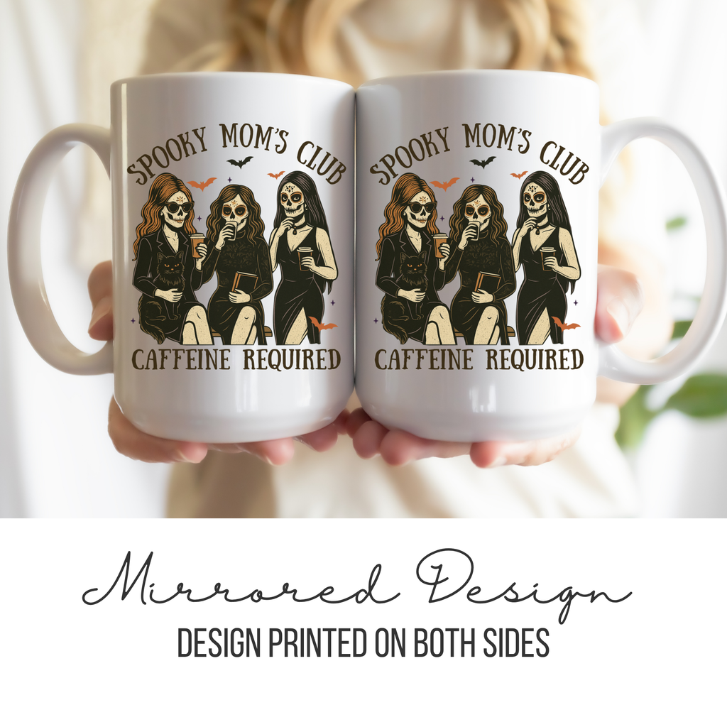 Two mugs with a mirrored design of skeletons and text, held together.