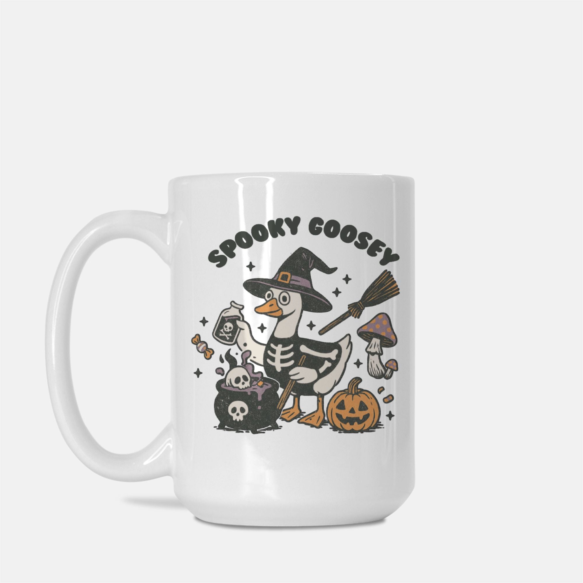 White mug with Halloween-themed design featuring a skeleton goose, pumpkins, and text on a white background.