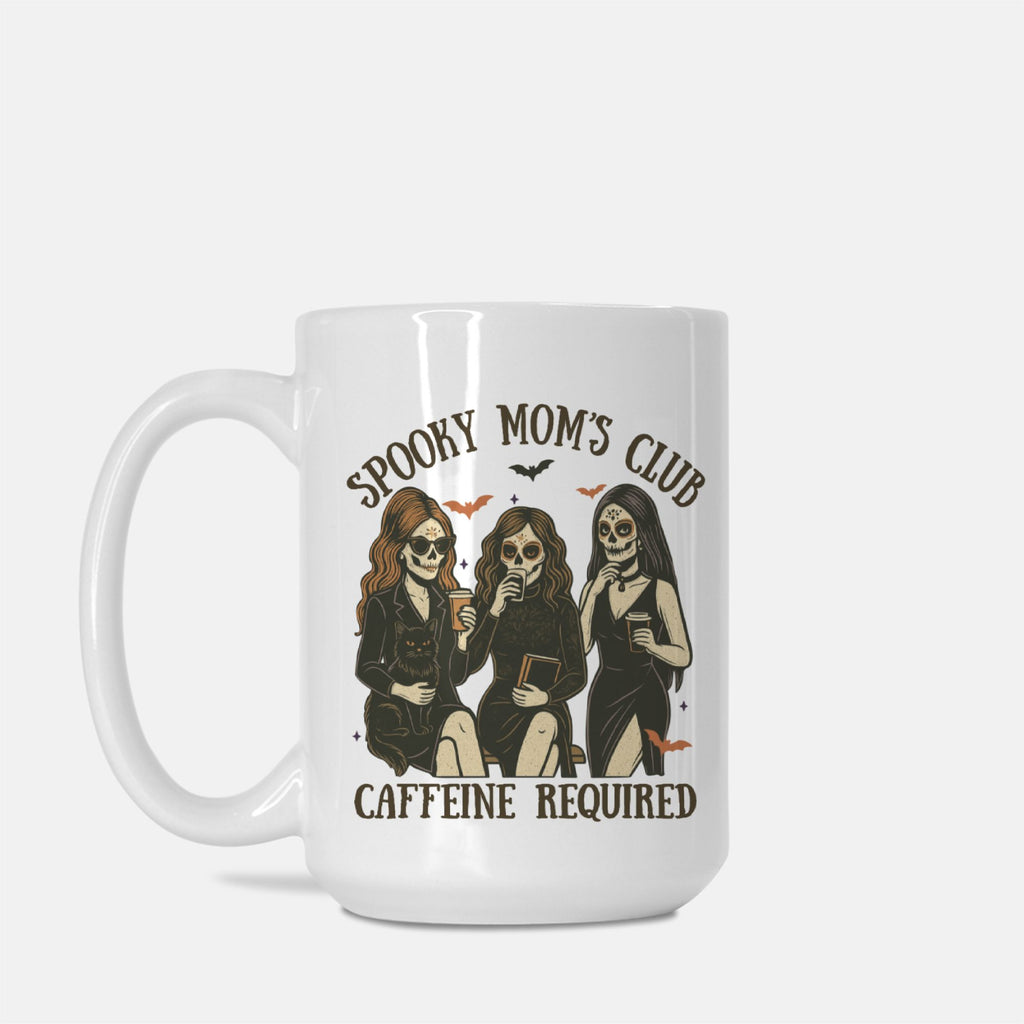 White mug with 'Spooky Mom's Club' design featuring skeletons and text on a white background